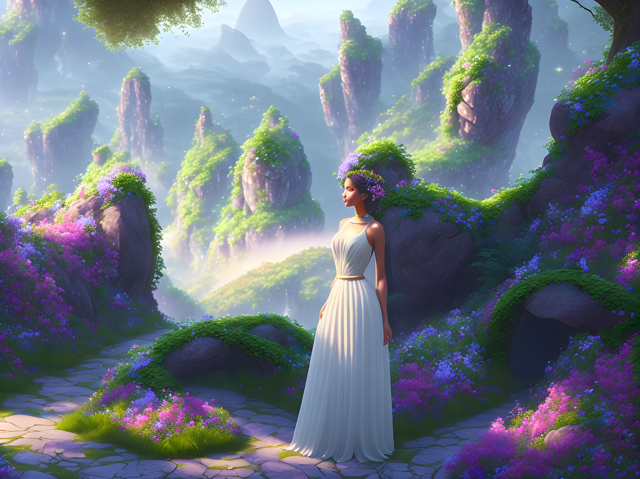 Woman in white dress in lush purple landscape with misty mountains