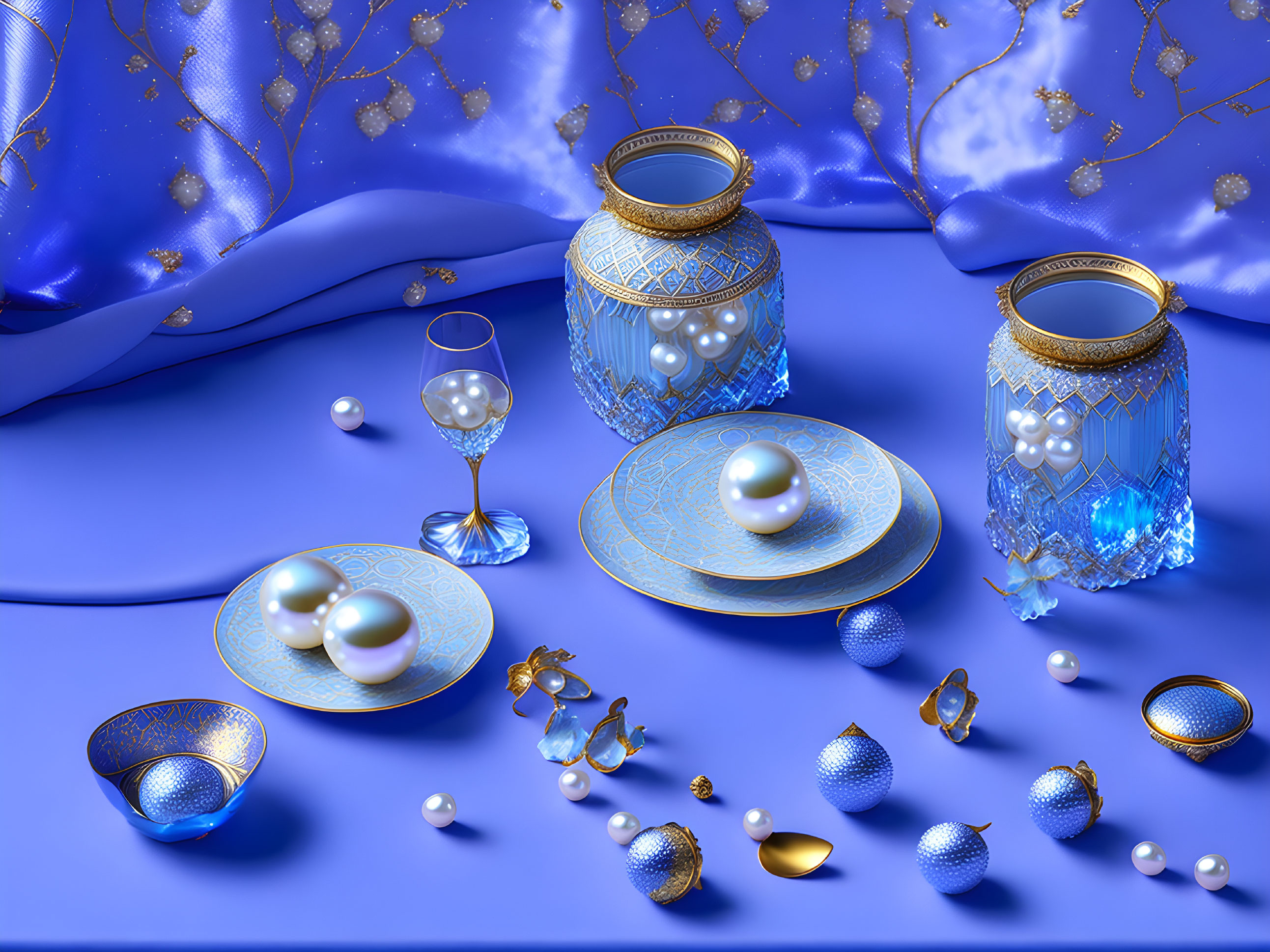 Blue and Gold Tableware Set with Pearls and Ornate Jars, Plates, Glass