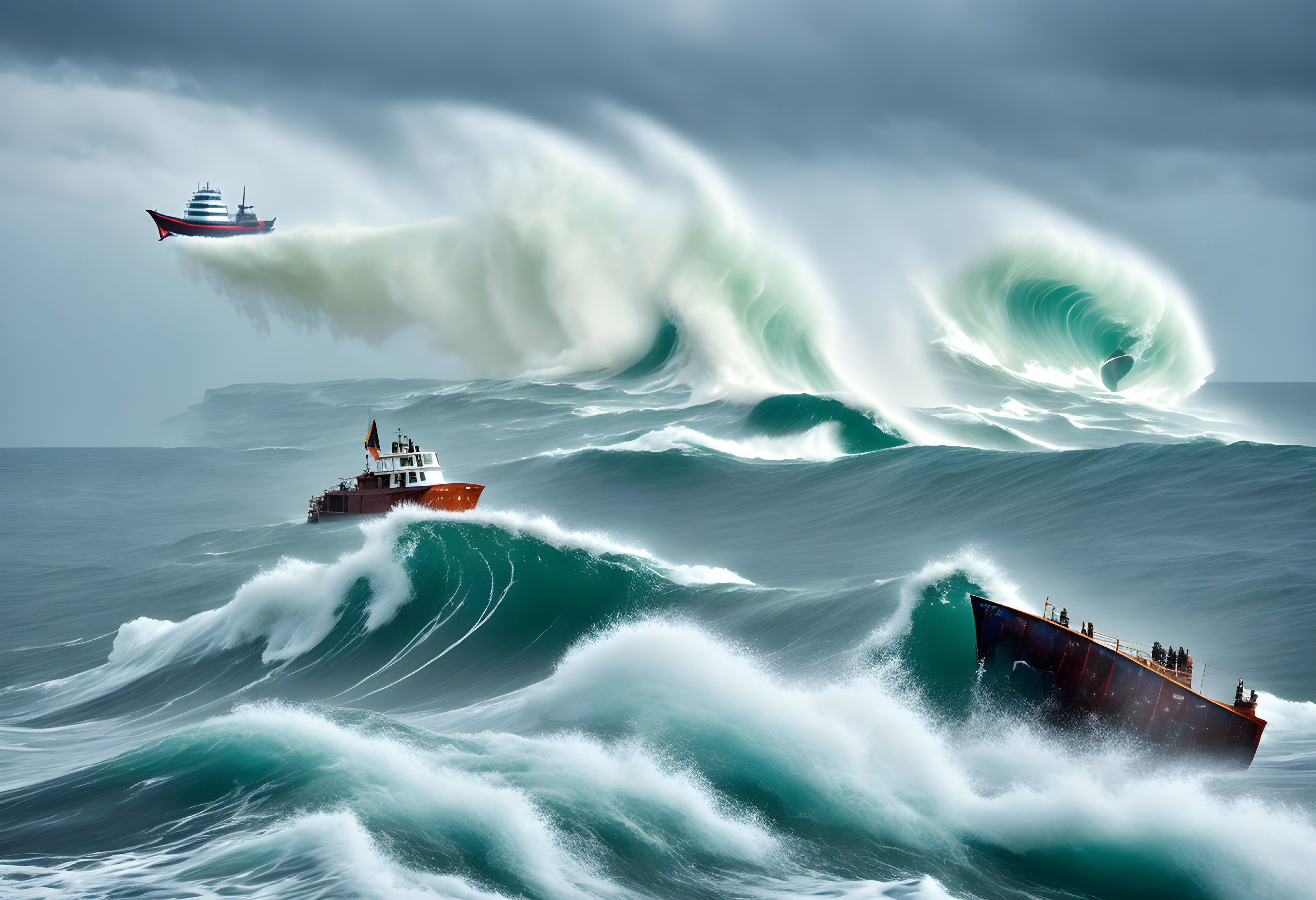 Digitally altered image of surreal scene with massive waves and ships in tumultuous sea