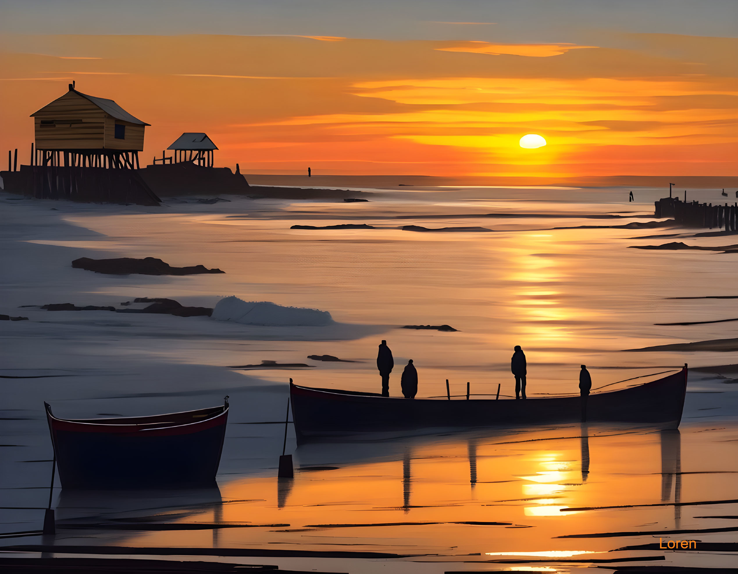 Tranquil beach sunset with silhouetted figures on boat and hut on stilts