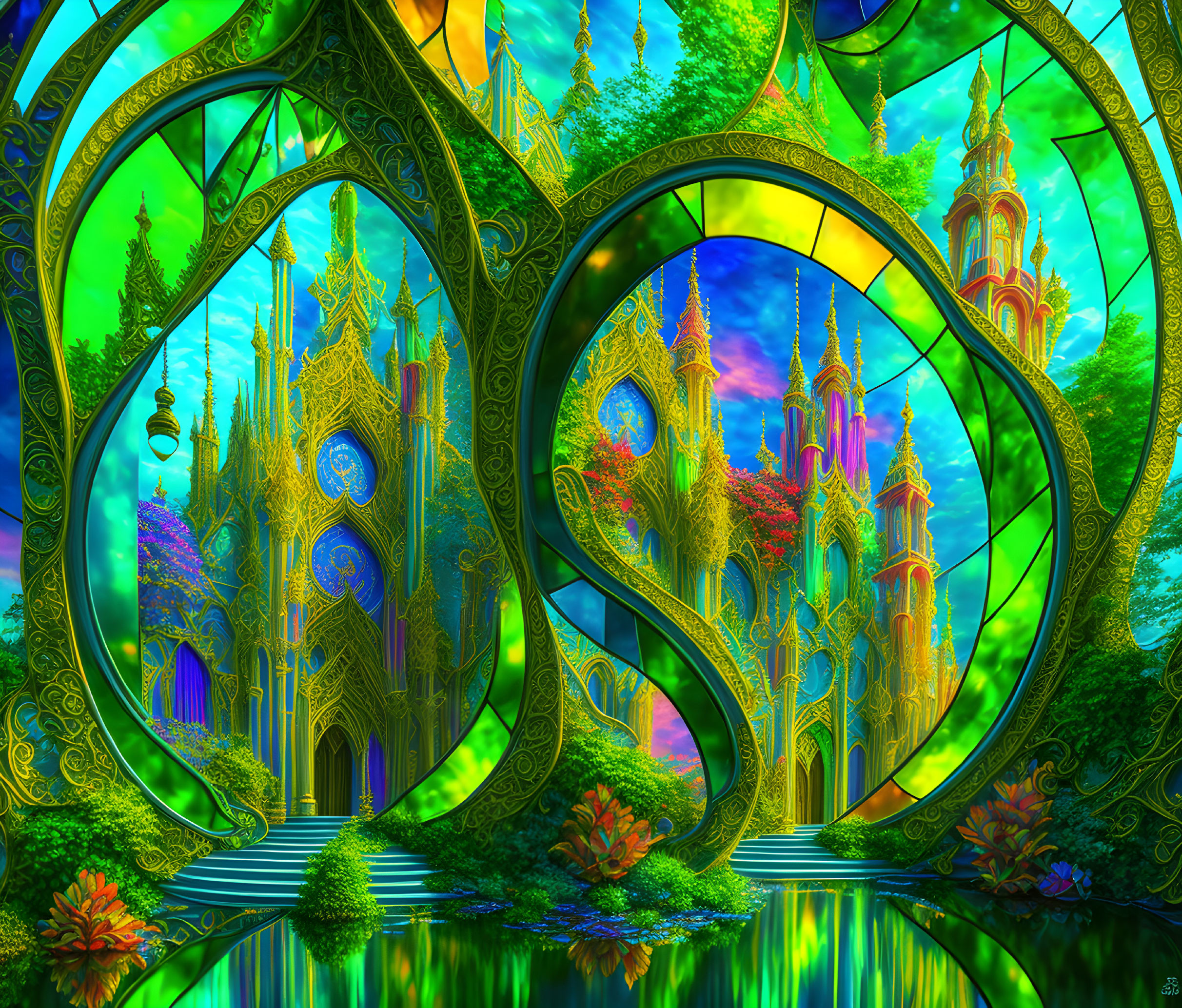 Colorful Gothic architecture in lush fantasy landscape