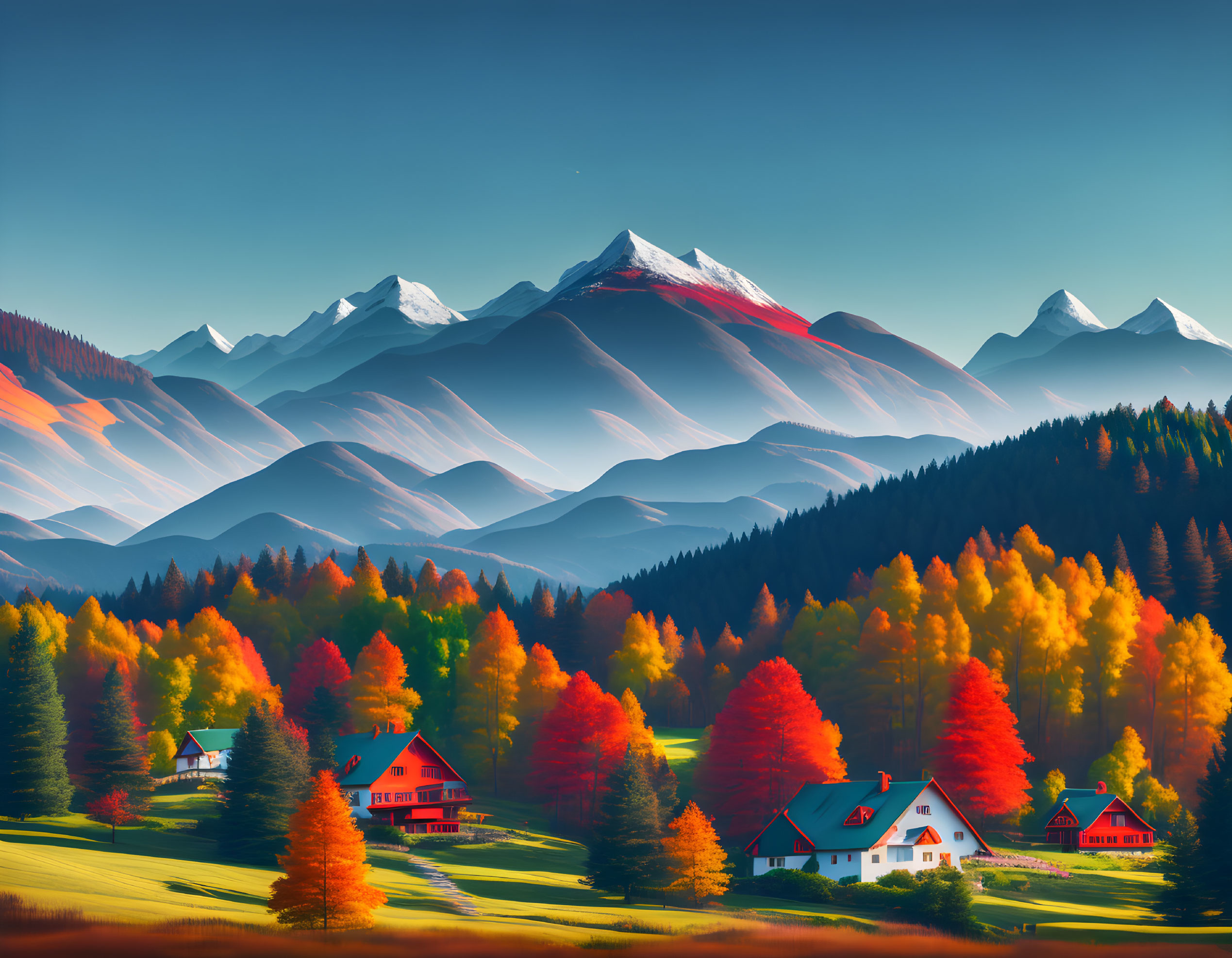 Scenic autumn landscape with red-roofed houses and snowy mountains