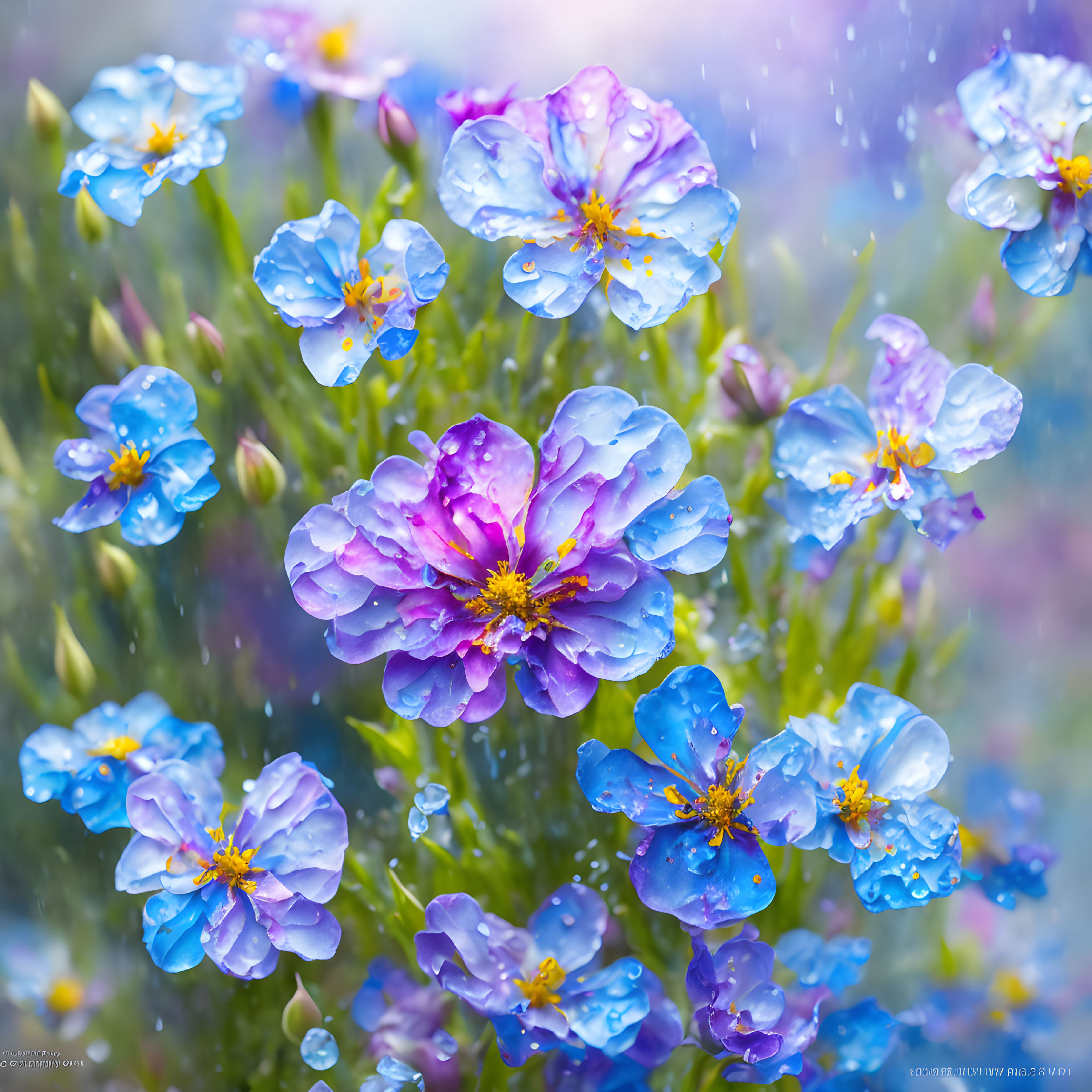 Colorful blue and purple flowers with yellow centers and water droplets on a soft background