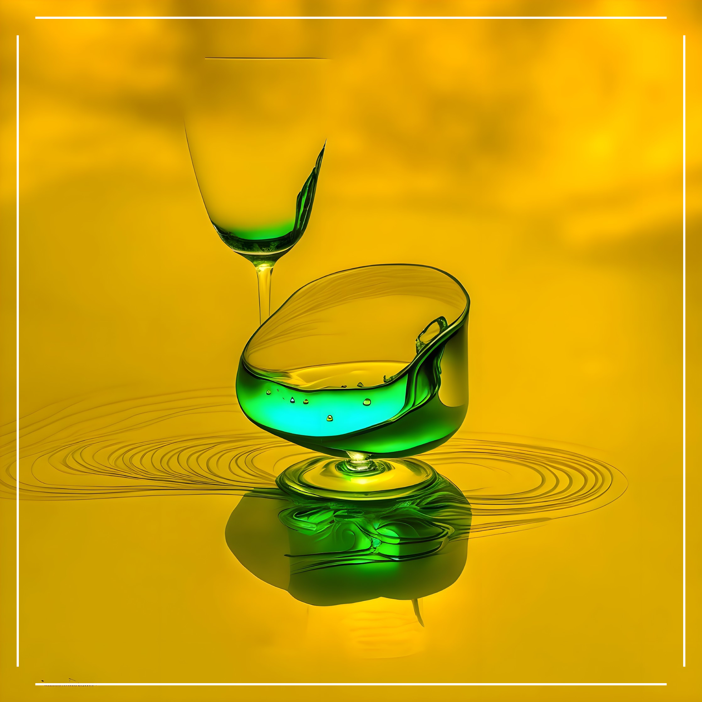 Green liquid splashing into glass on golden yellow background