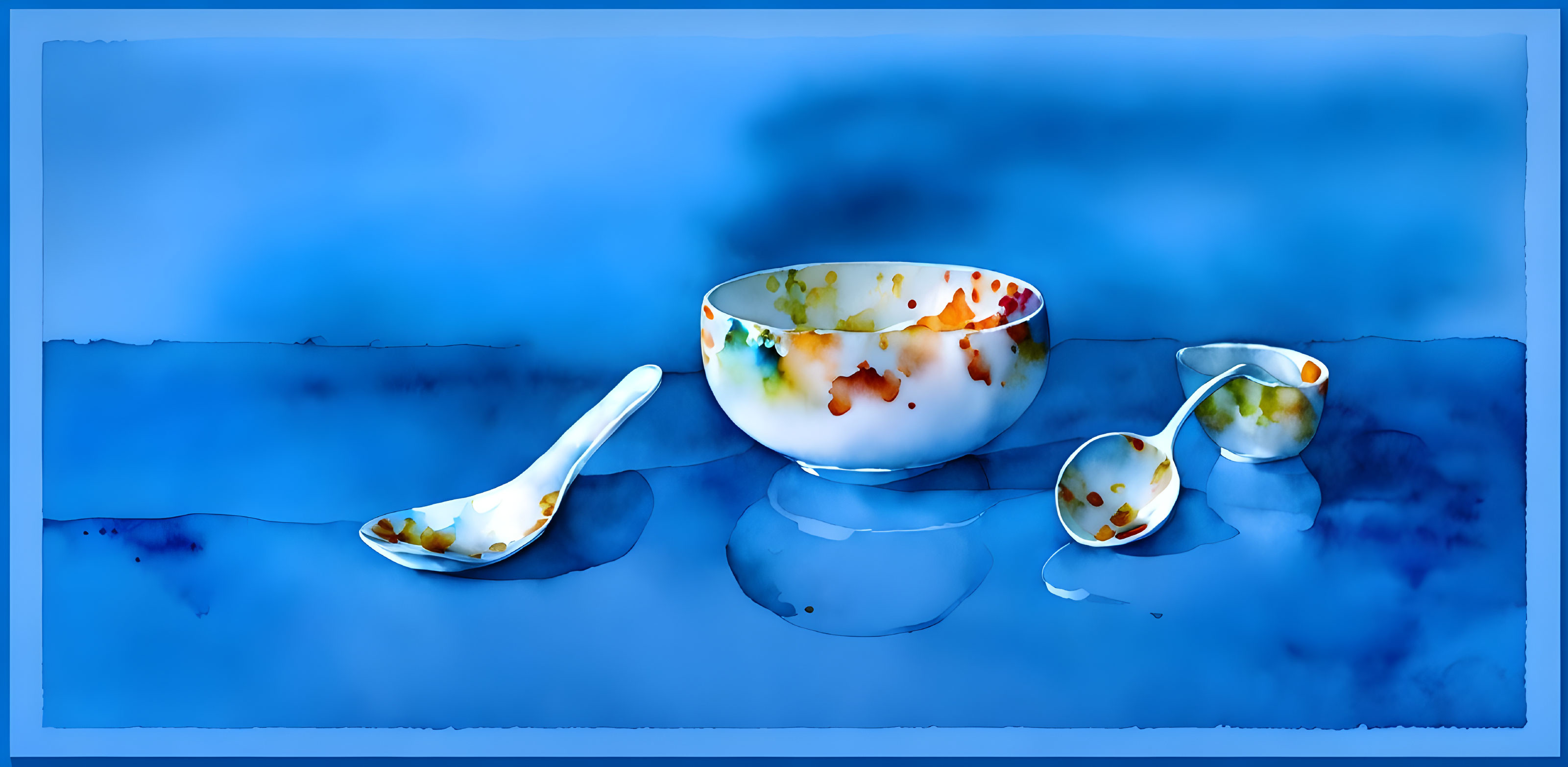 Translucent bowl with colorful speckles, spoon, and cup on blue background