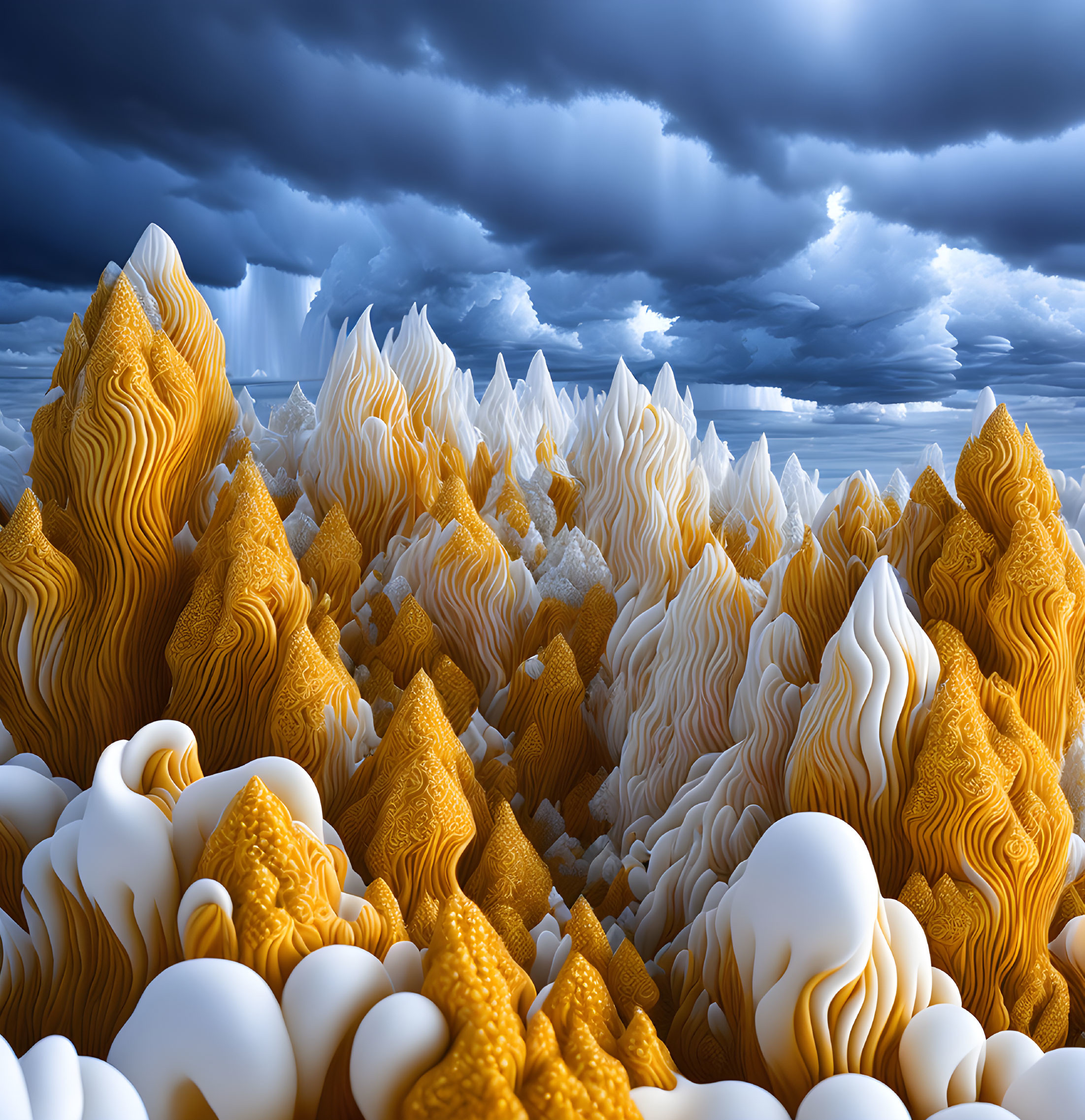 Surreal landscape: golden and white peaks under stormy sky