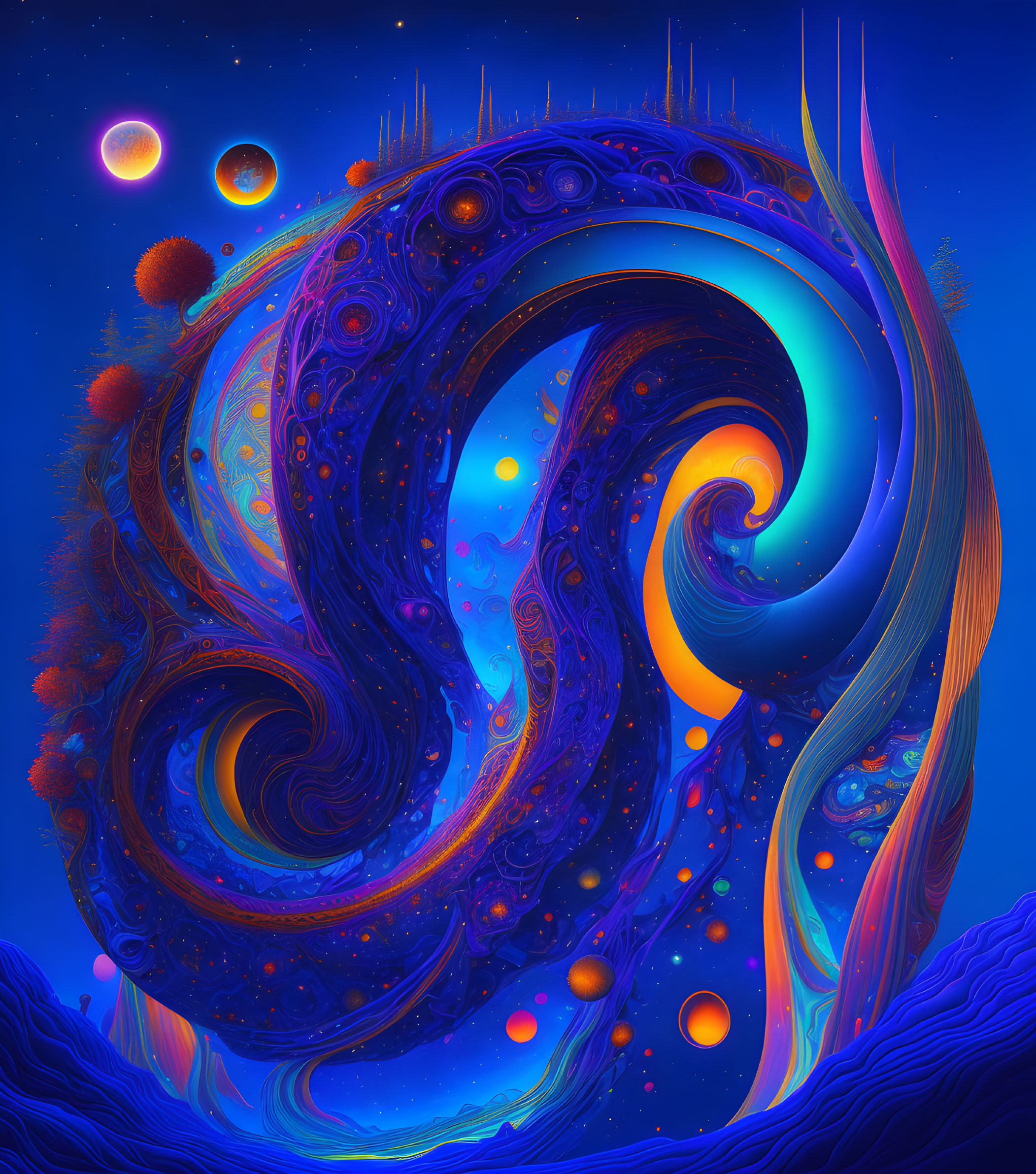 Colorful digital art: cosmic swirl, celestial bodies, surreal landscape