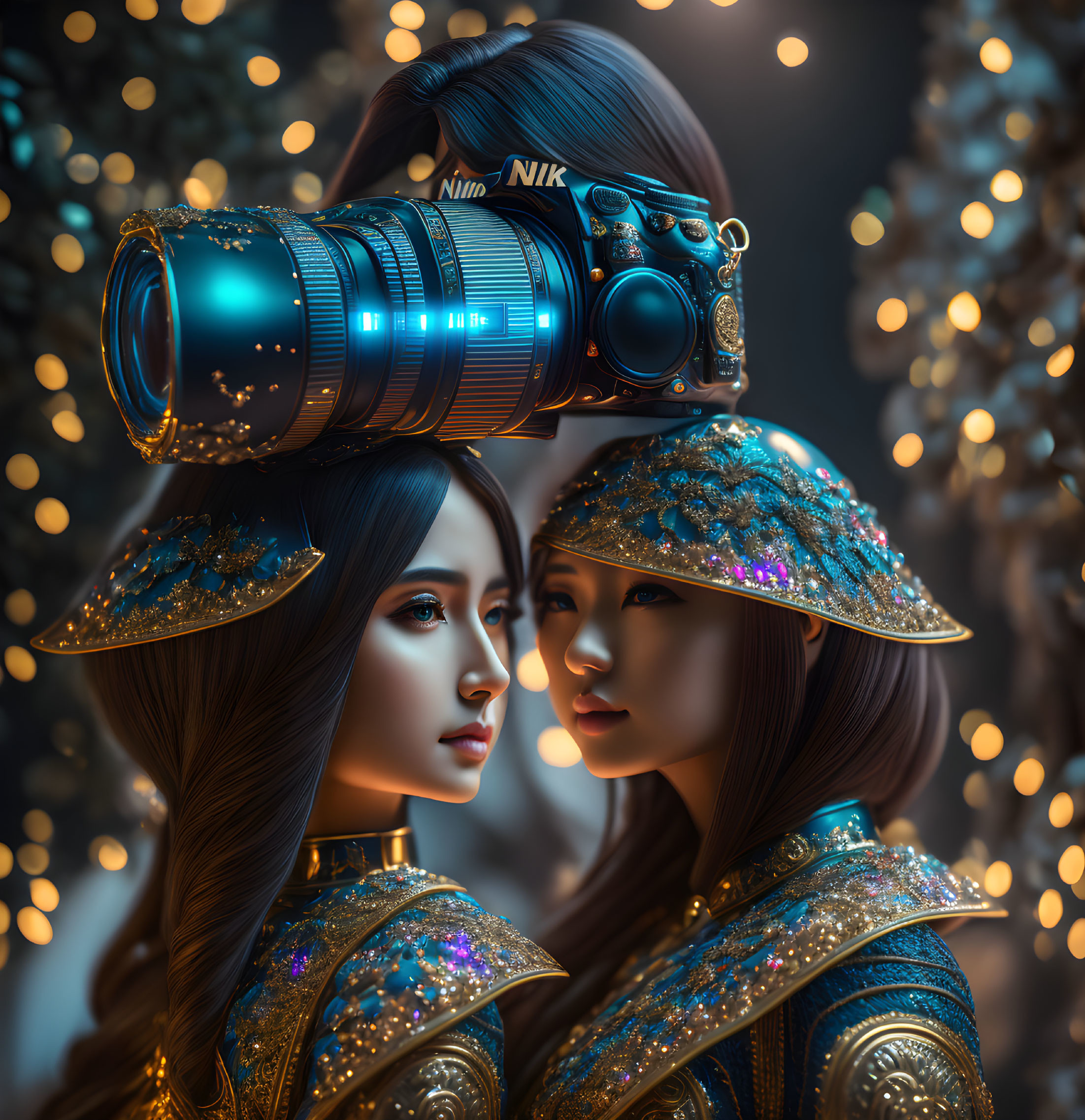 Two women in futuristic outfits with digital effects, merged with a camera lens.