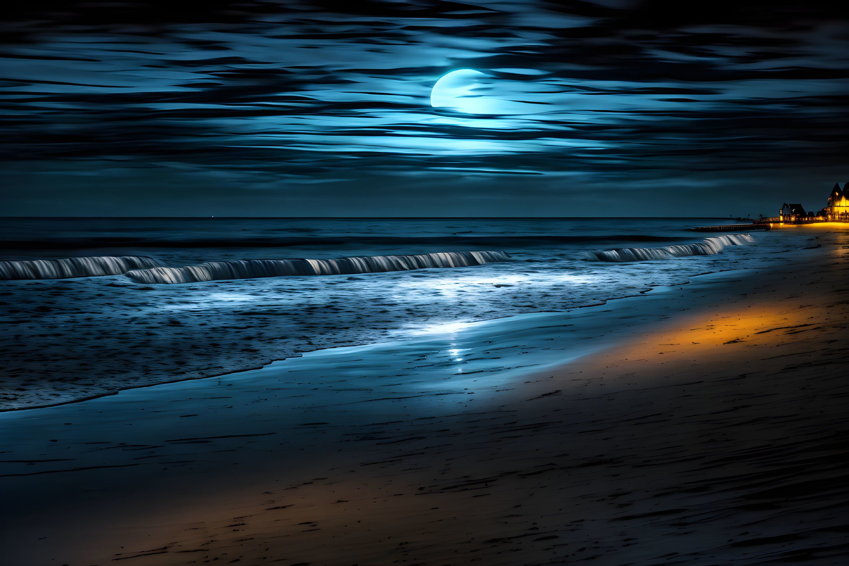 Tranquil night beach scene with crescent moon reflection on wet sand