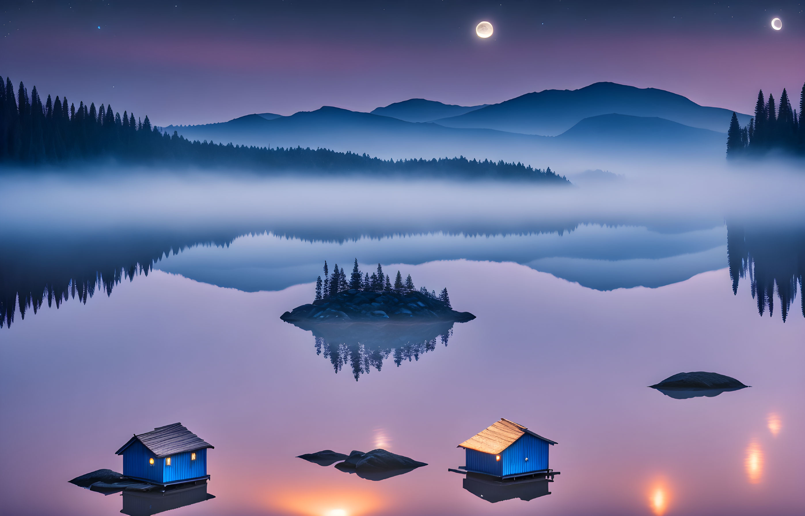 Serene nightscape with foggy lake, illuminated houses, island, mountains, and starry sky