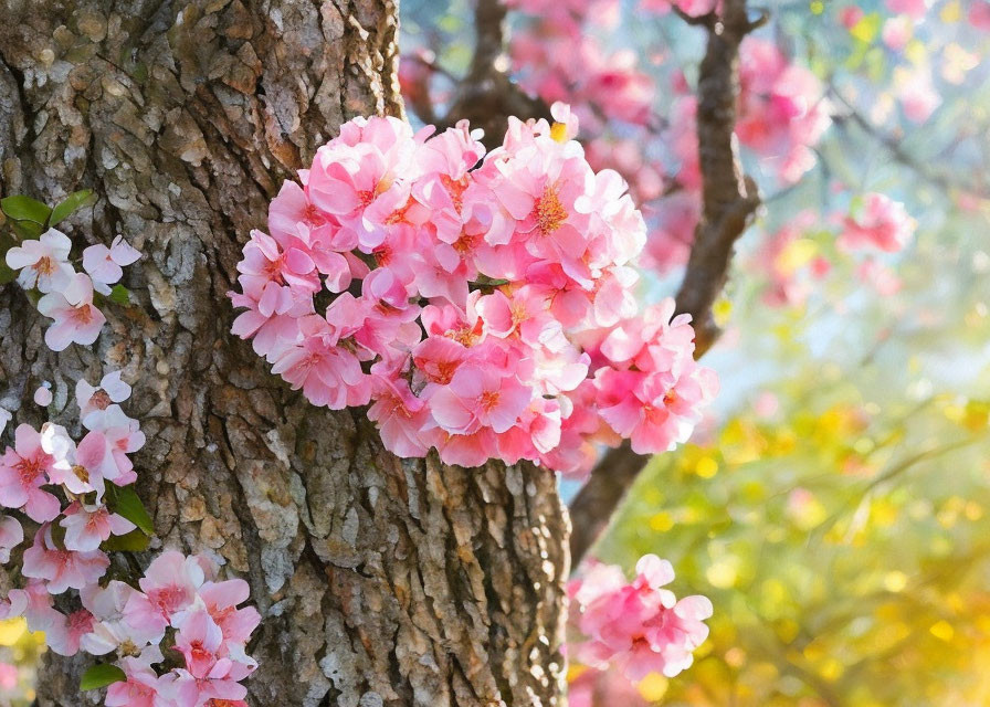 Pink cherry blossoms cluster on rough tree trunk with soft-focus blooming trees background