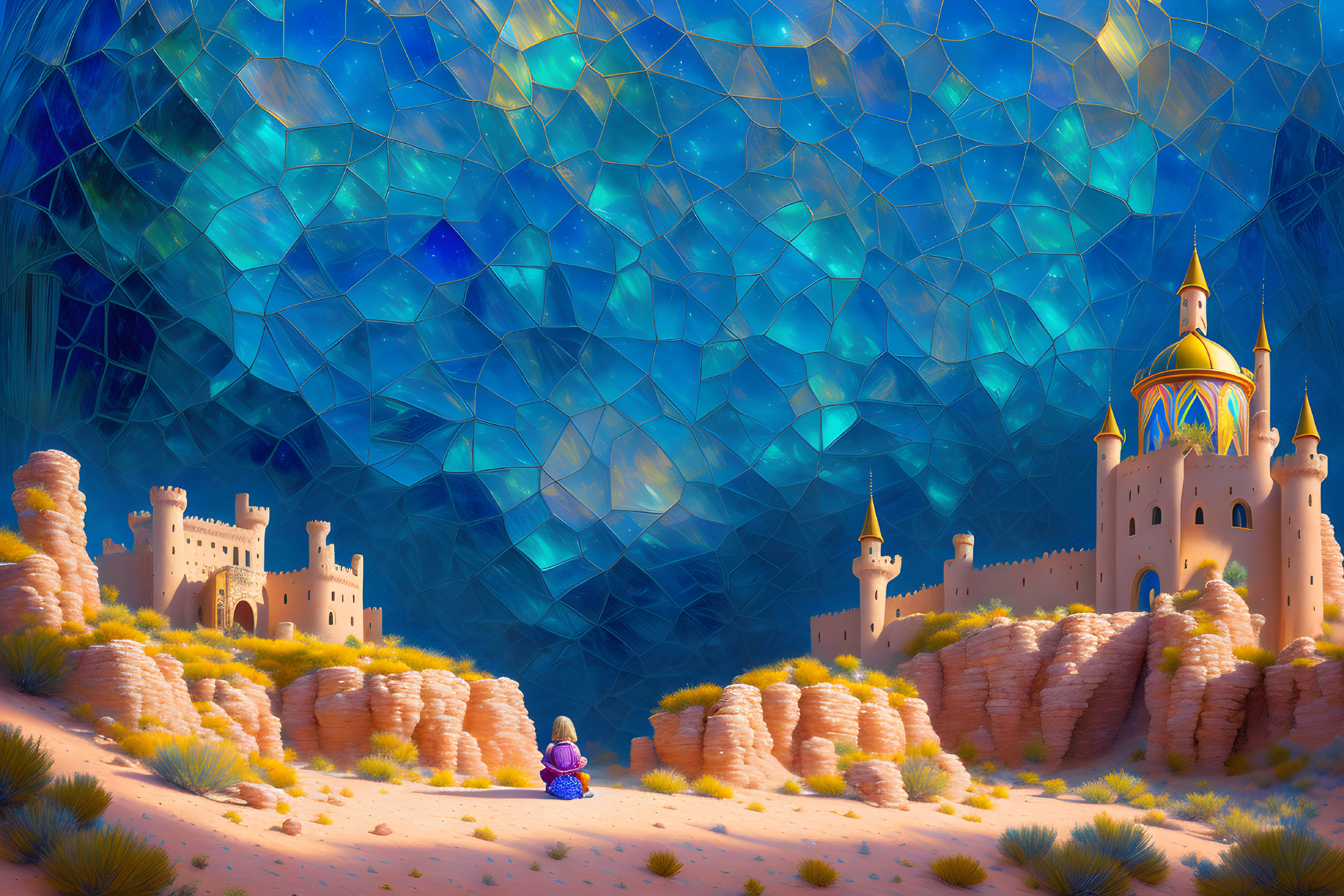 Fantasy landscape with domed castle, rocky outcrops, vibrant sky, and cloaked figure