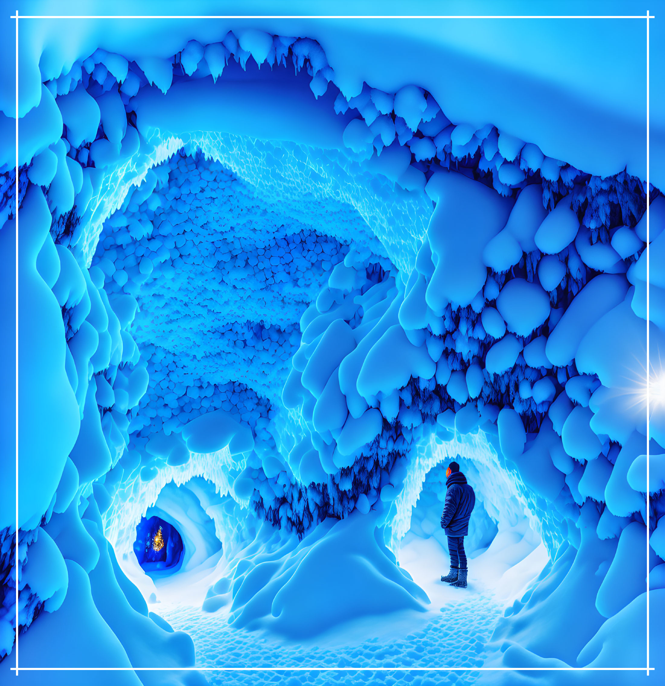 Person standing in vivid blue ice cave with glowing entrance