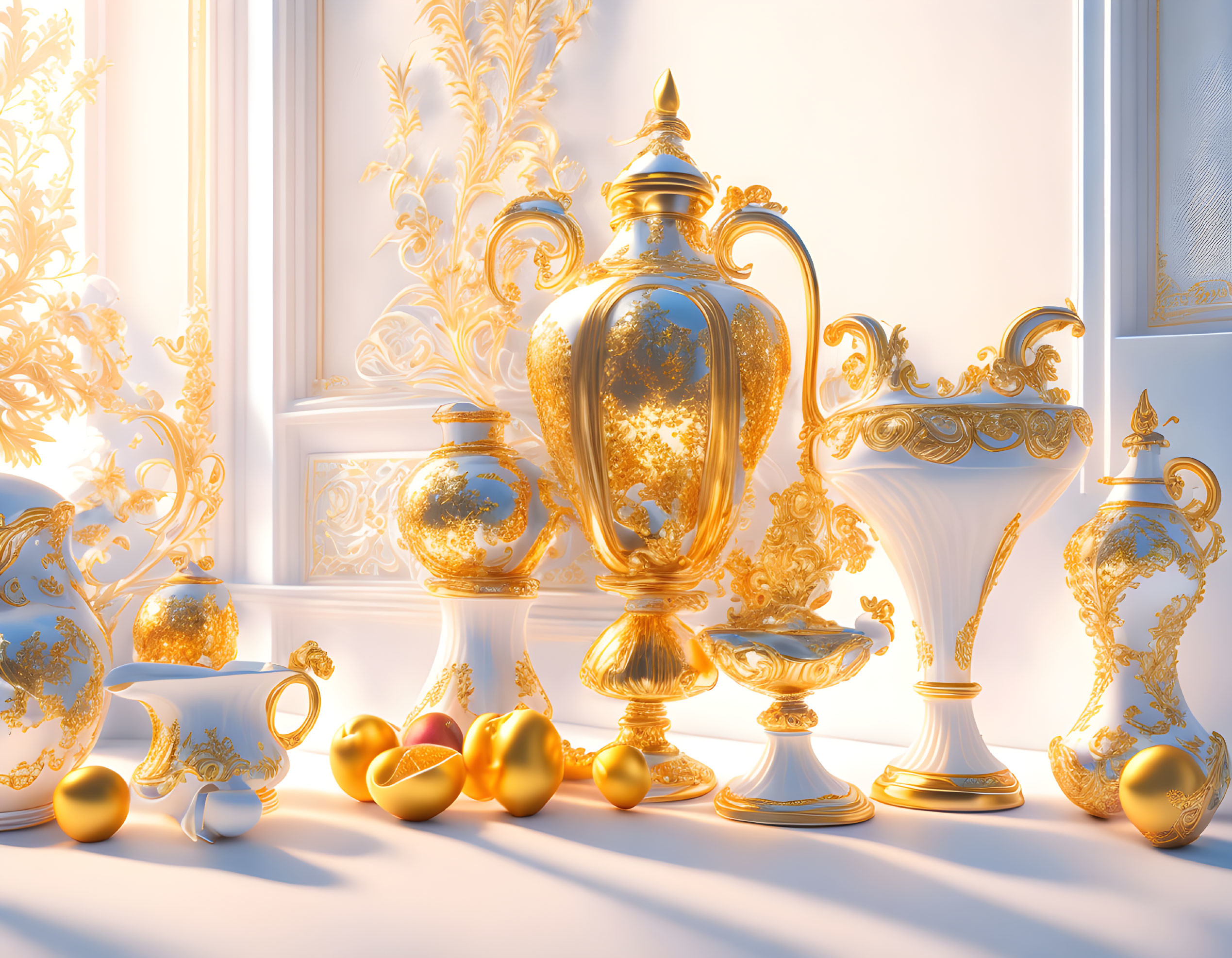 Luxurious Golden Tableware with Intricate Designs in Soft Light