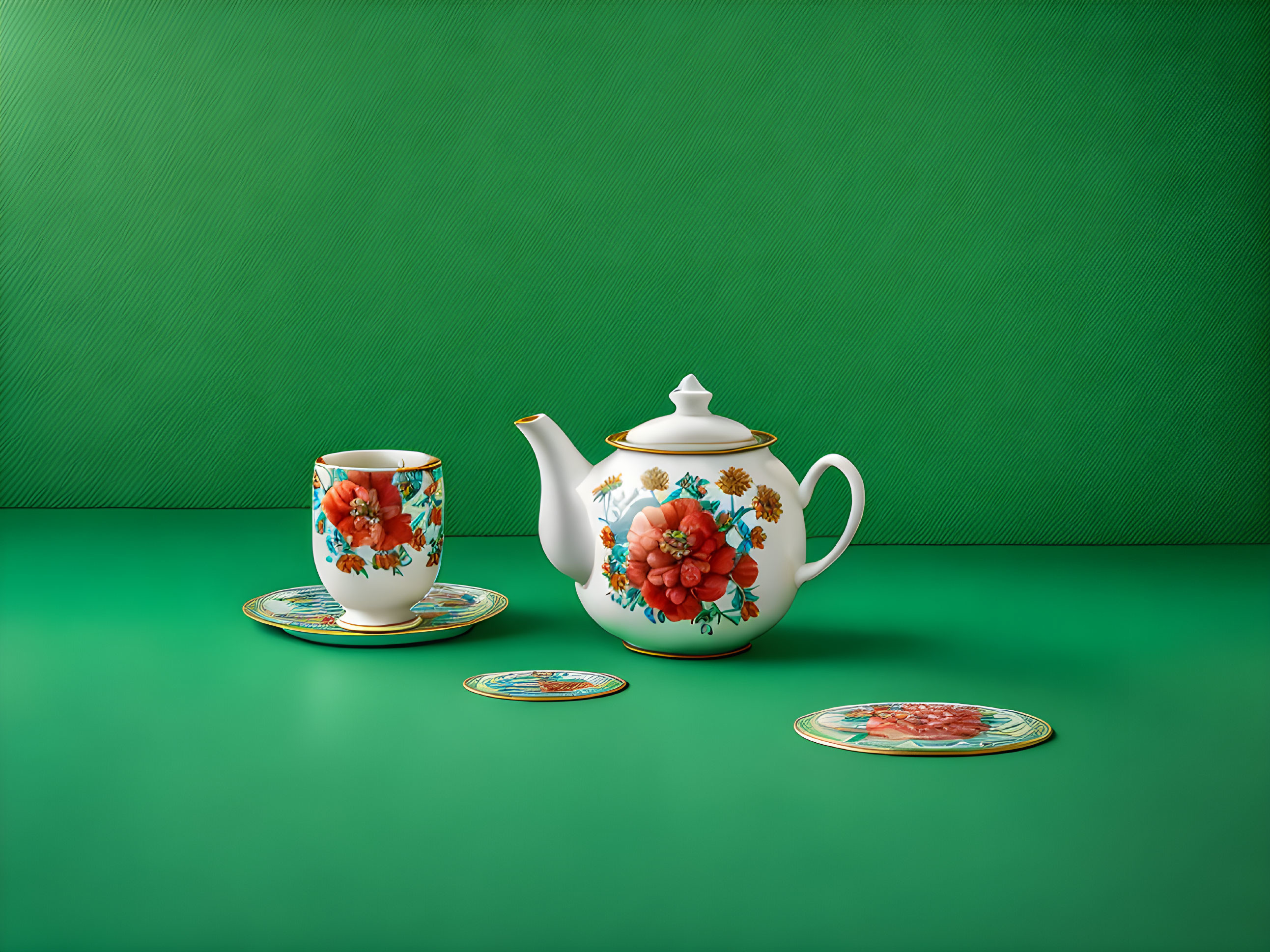 Porcelain teapot, cup, and saucers with floral design on green textured background