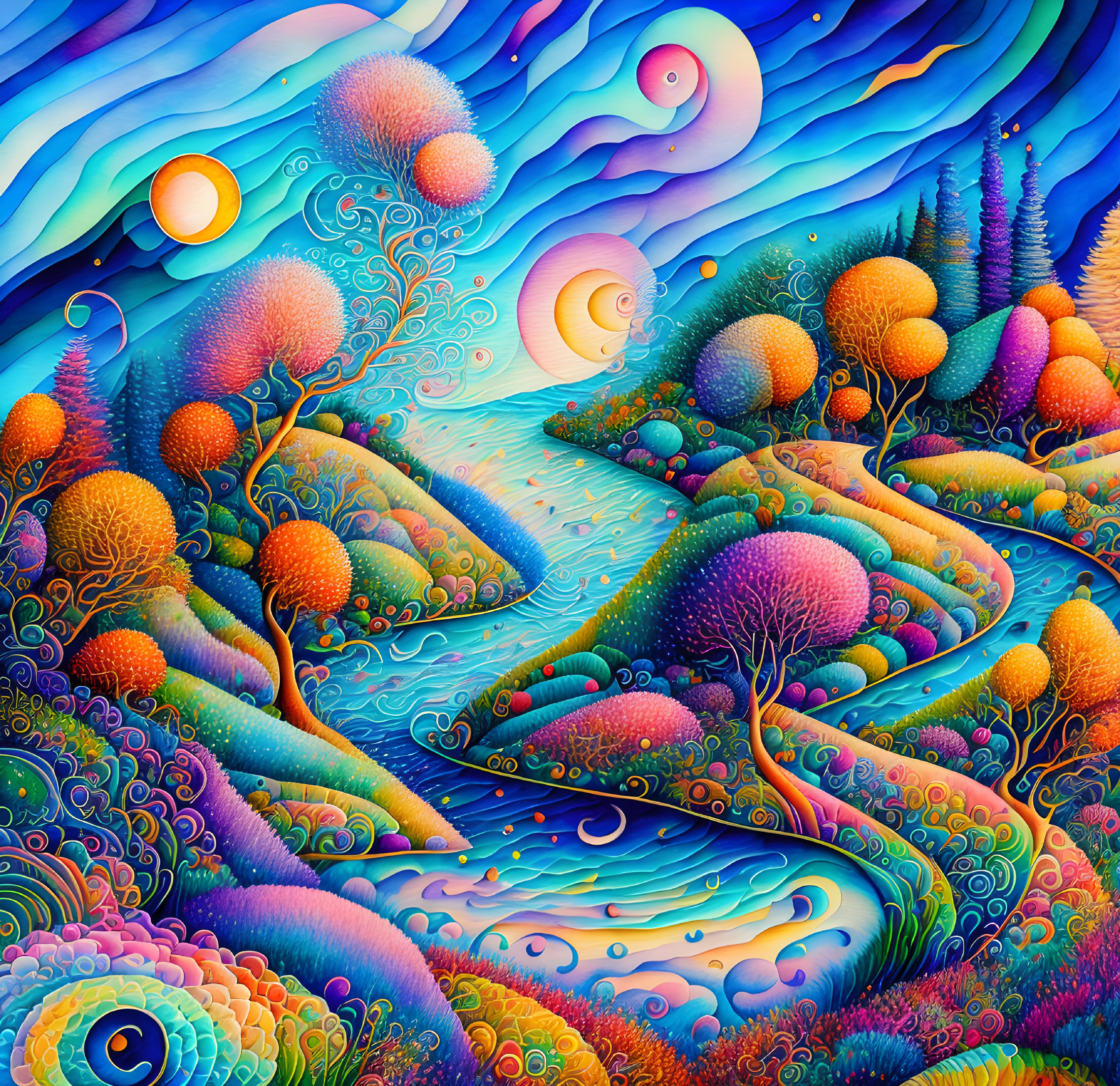 Colorful surreal landscape with swirling patterns and multiple suns and moons