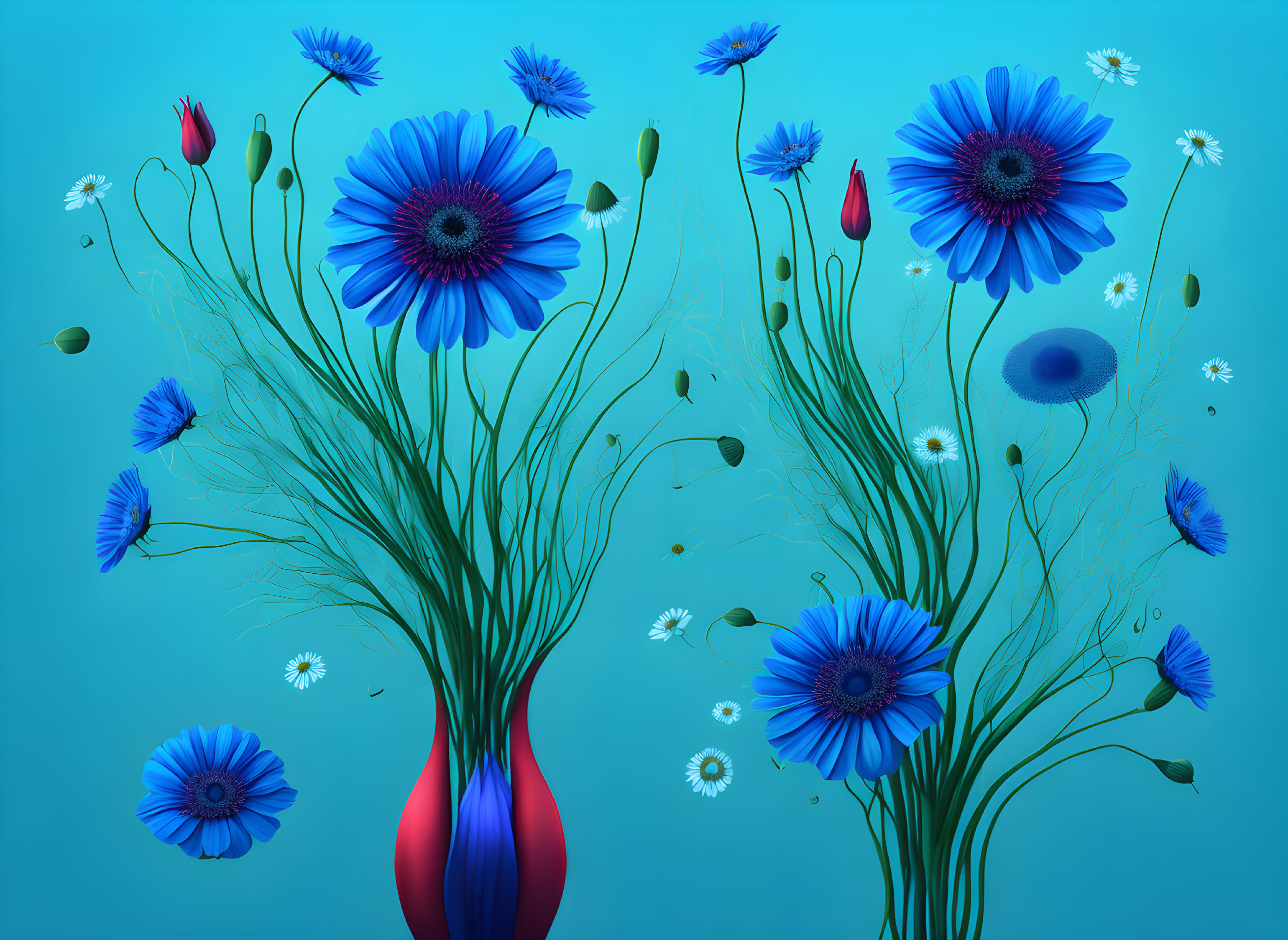 Vibrant digital artwork: Blue flowers in red vases on teal background