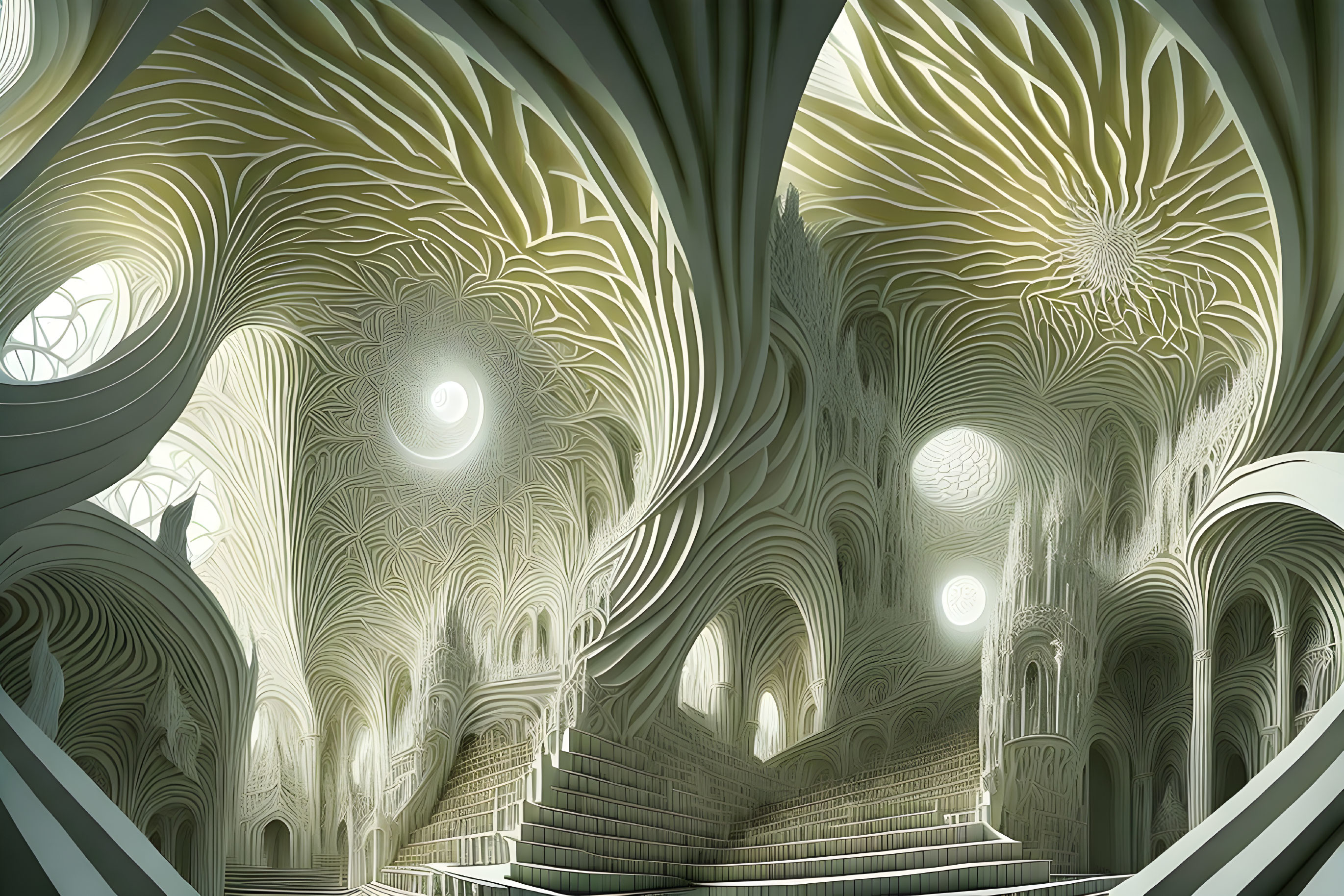 Surreal digital artwork of swirling patterns and surreal architecture