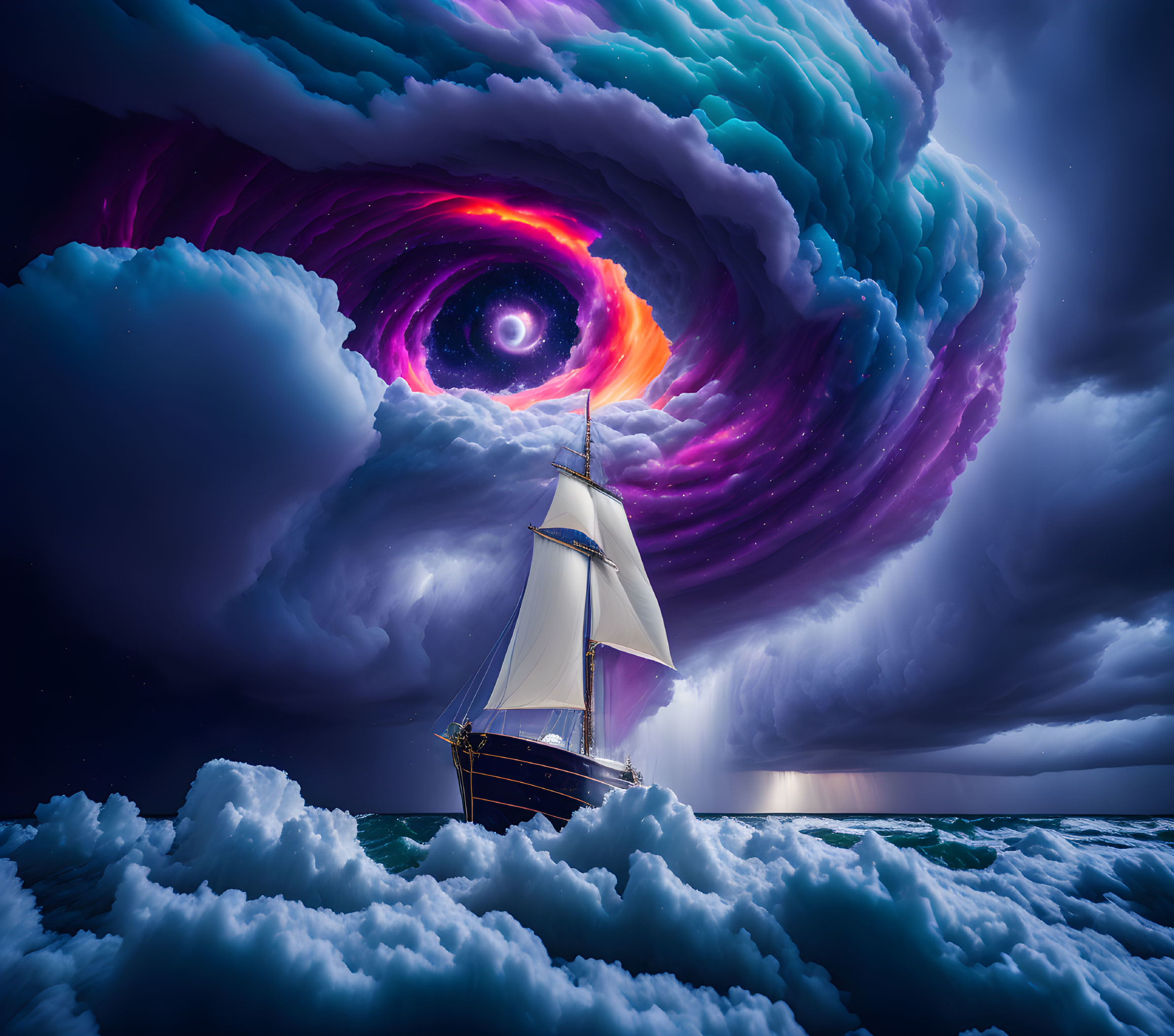 Sailboat navigating stormy sea under swirling cosmic vortex