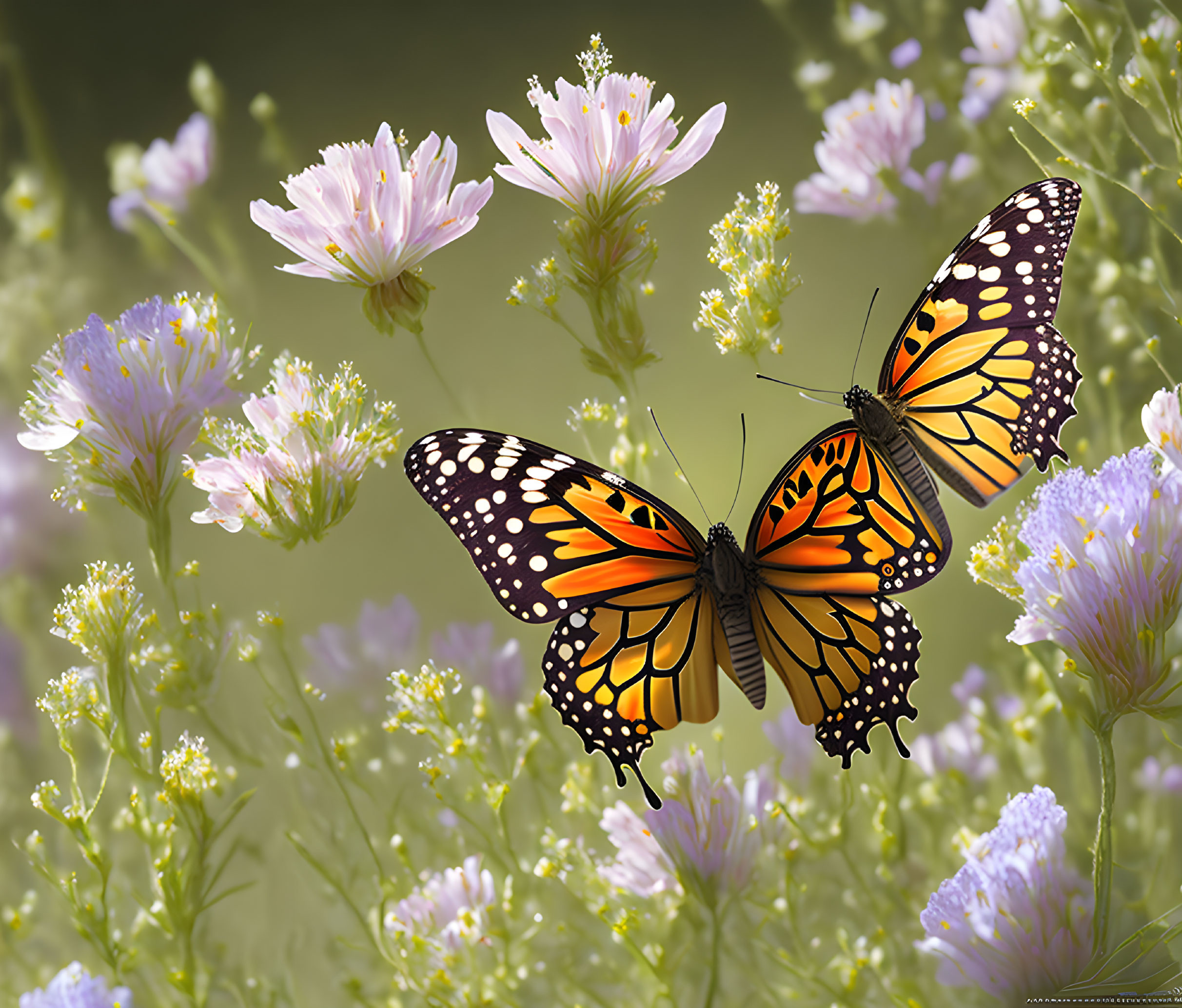 Monarch Butterflies on Pale Pink Flowers and Green Background