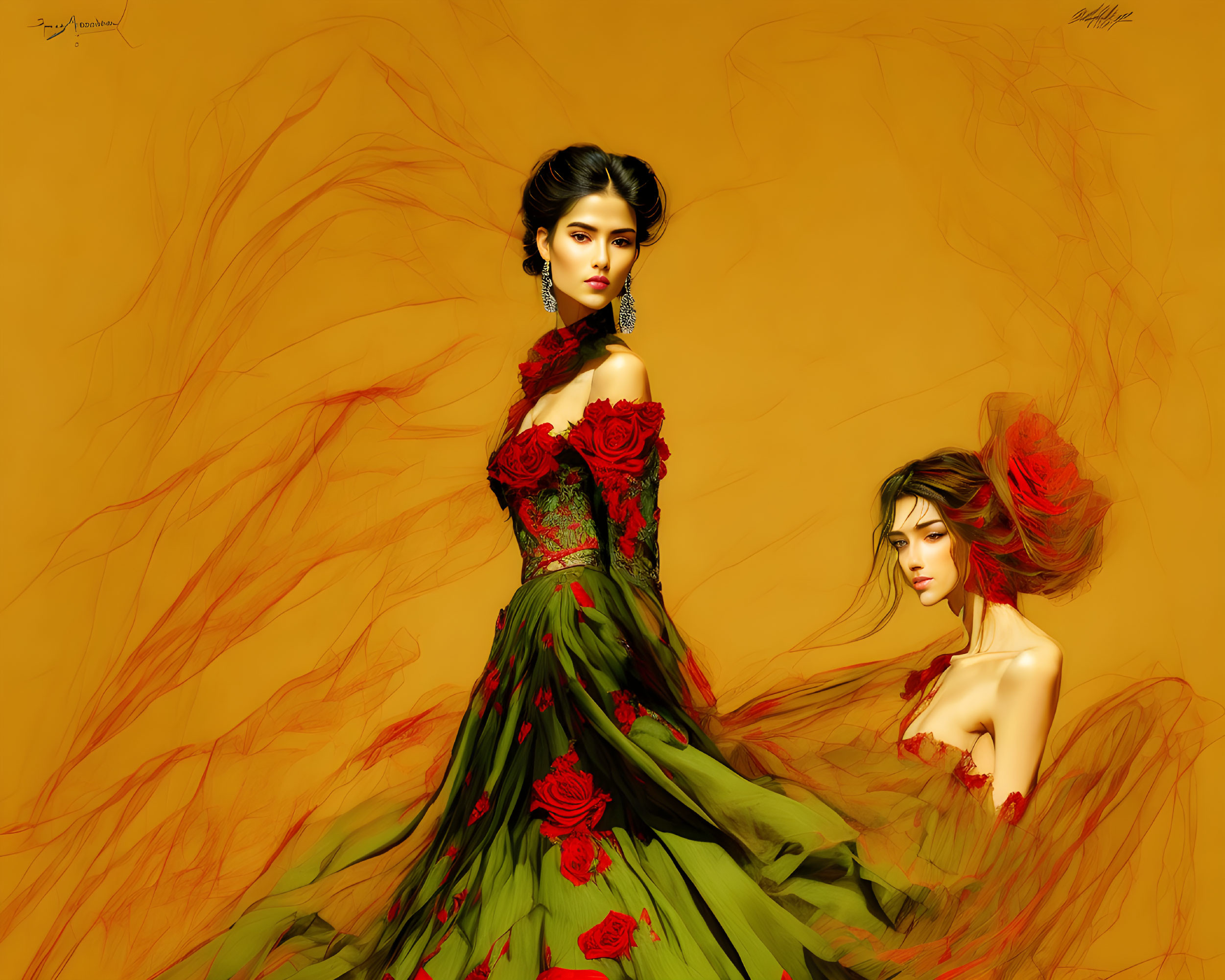 Stylized women in red and green dresses with rose motifs on warm-toned background