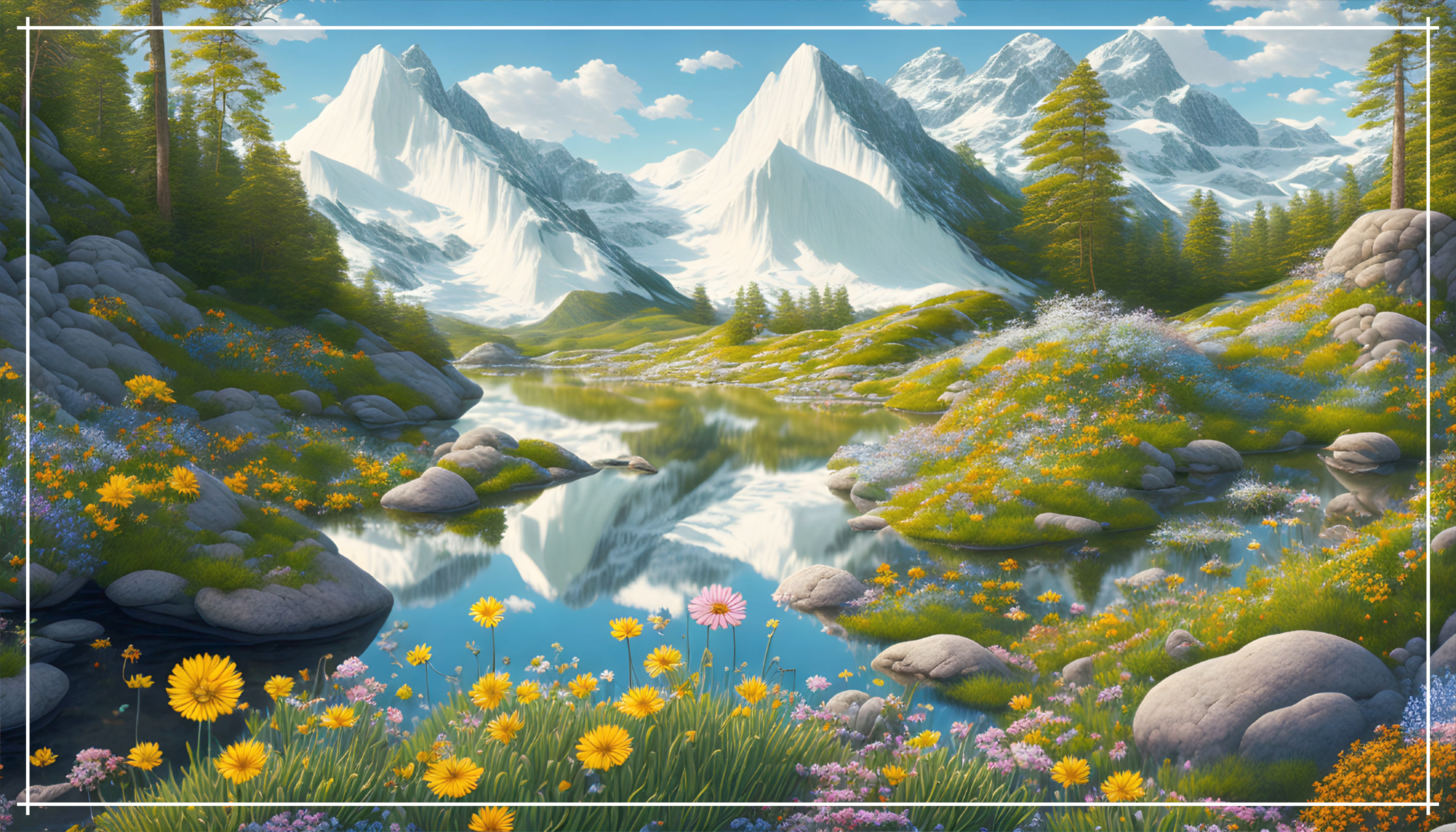 Tranquil landscape with river, wildflowers, greenery, mountains