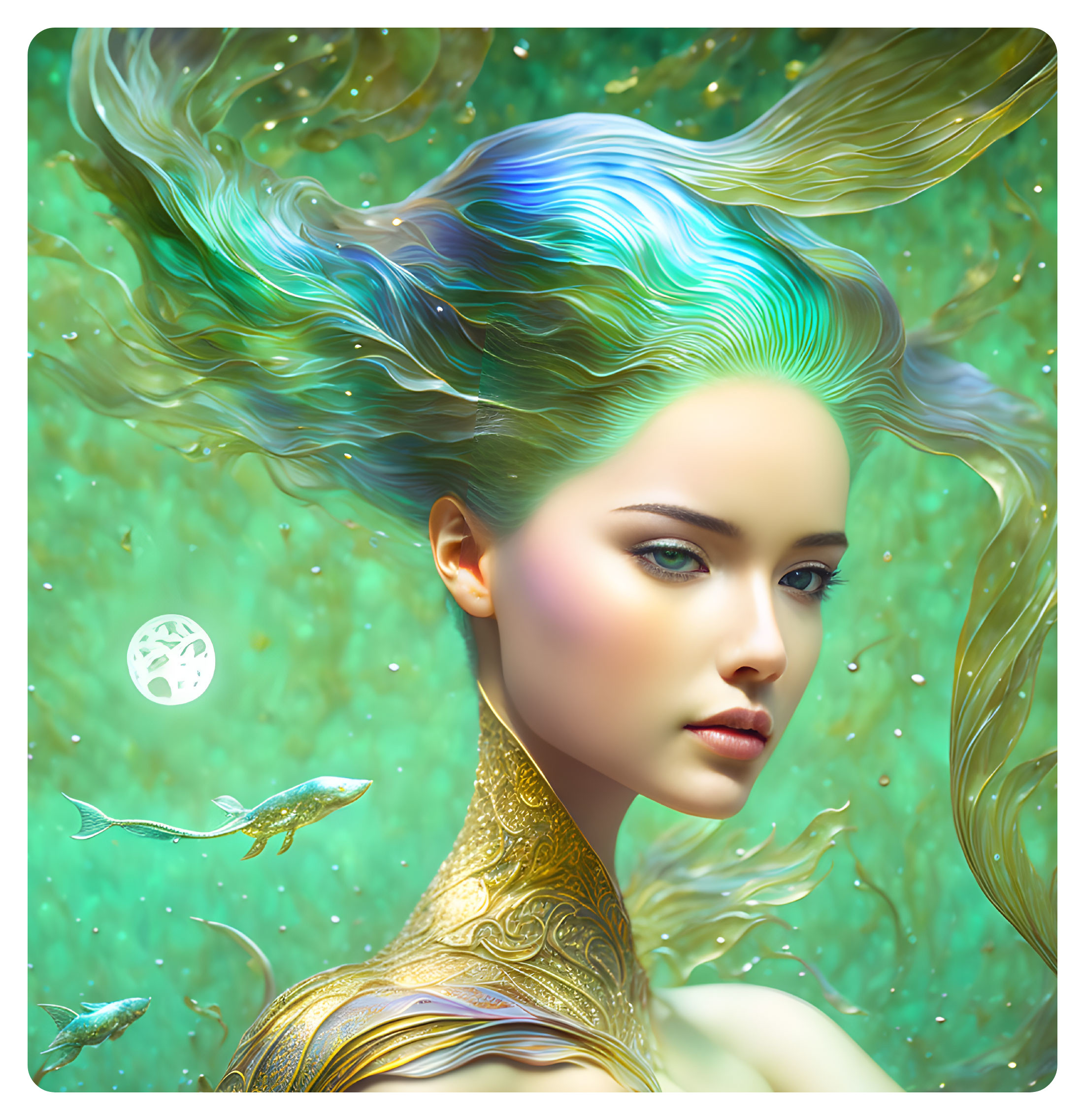 Colorful surreal portrait of a woman with flowing hair among swimming fish.