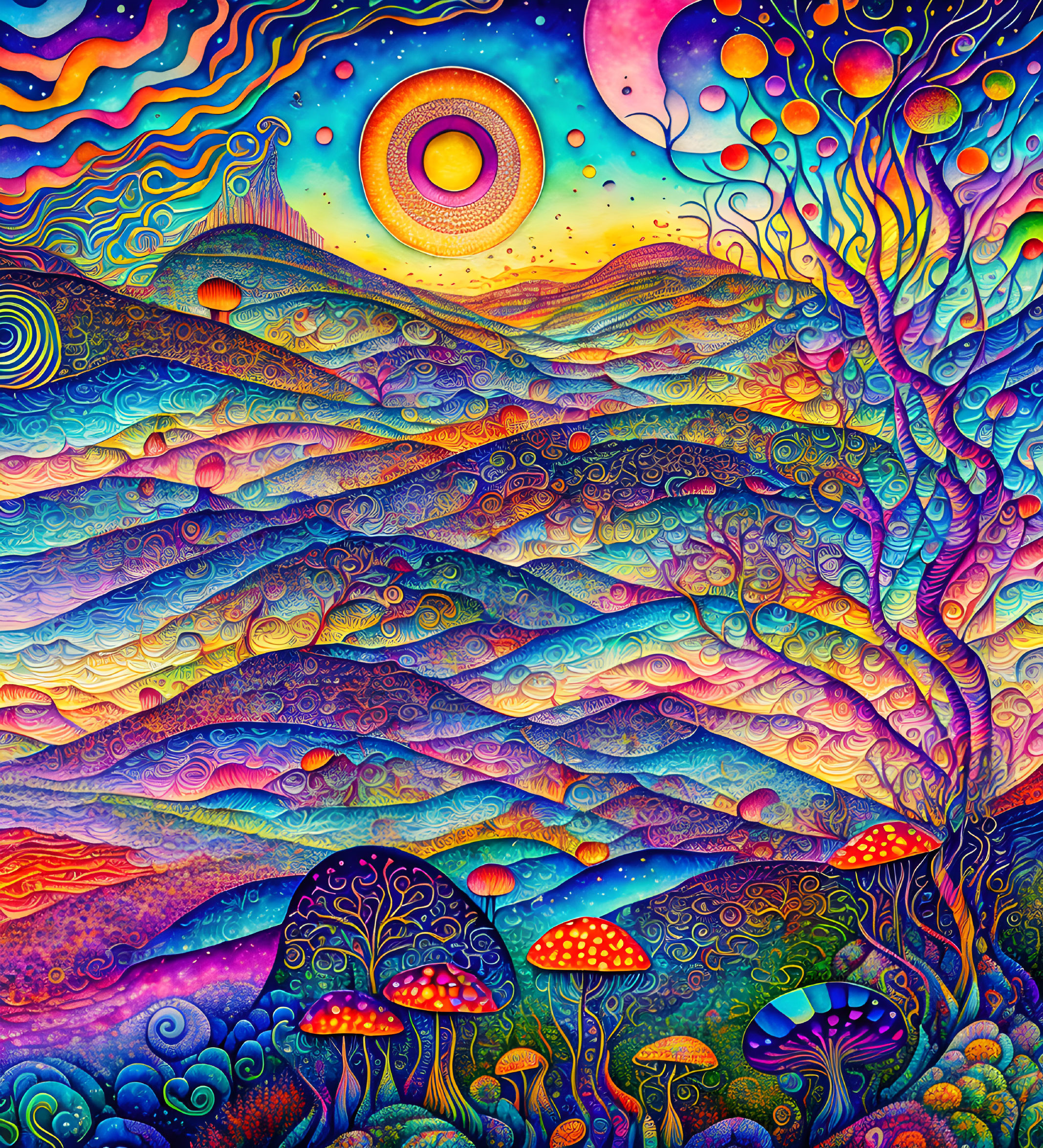 Colorful Psychedelic Landscape with Mountains, Tree, and Mushrooms