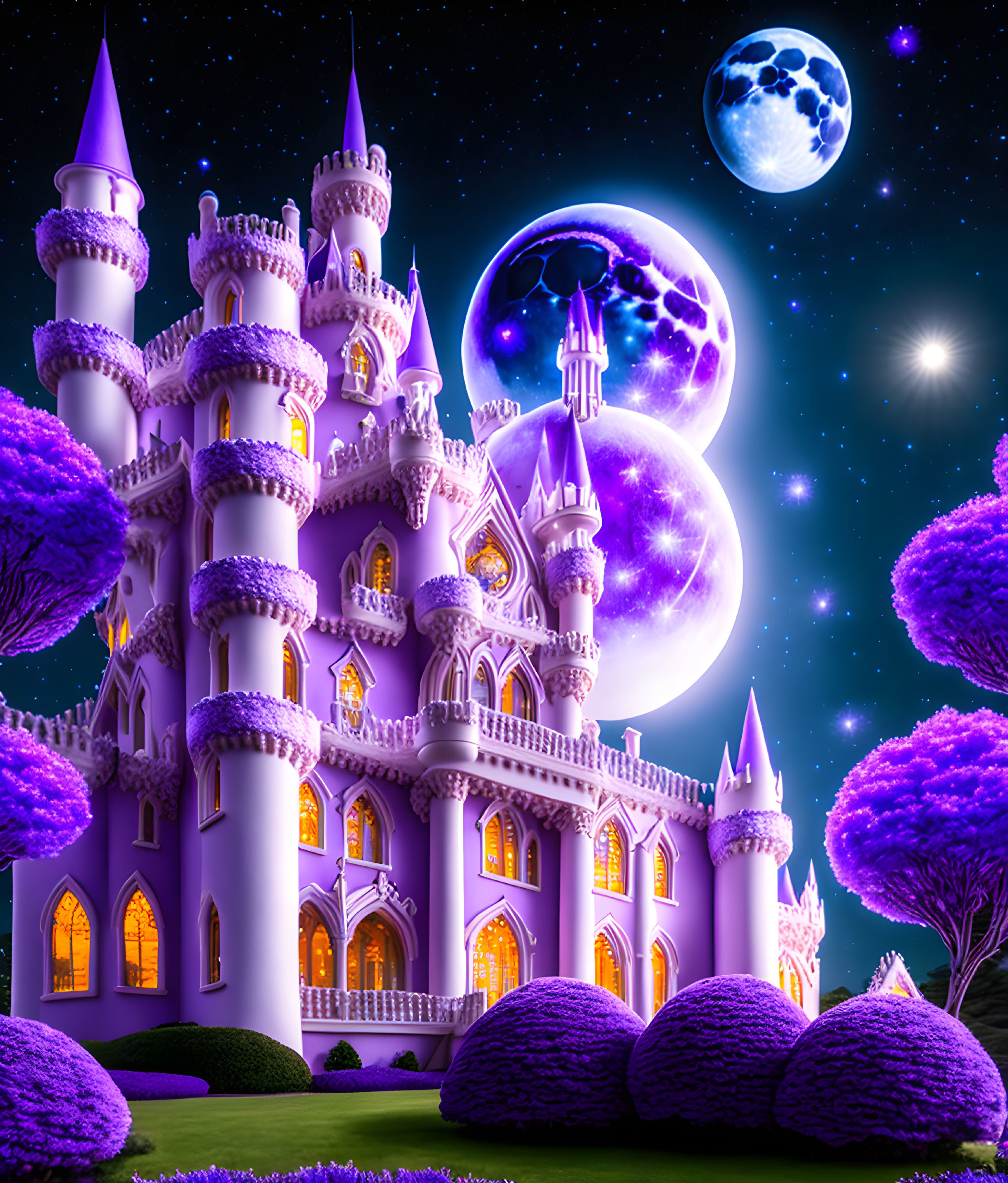 Purple-hued castle in mystical landscape under starry sky