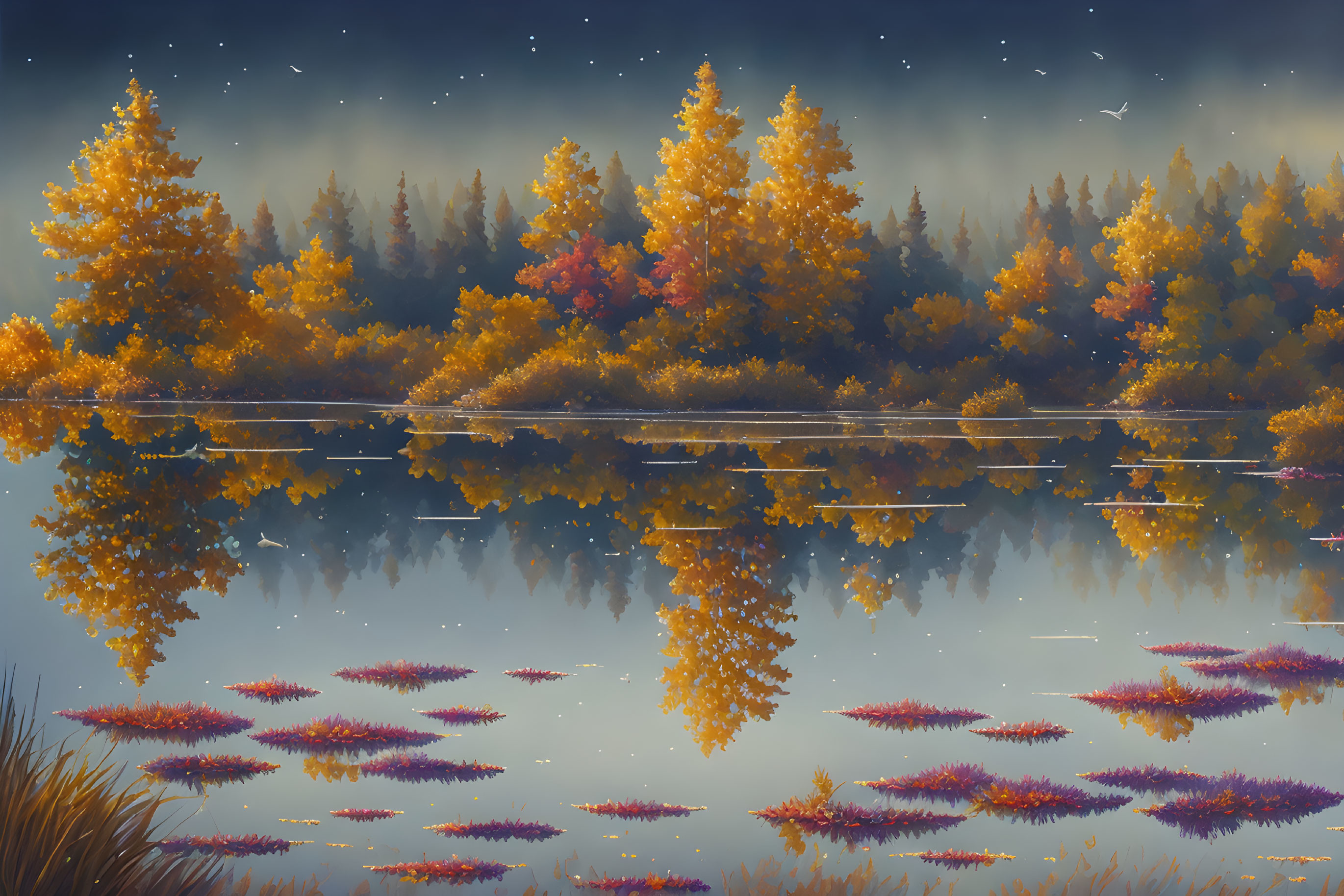 Tranquil autumnal scene: reflective lake, golden foliage, dusky sky.