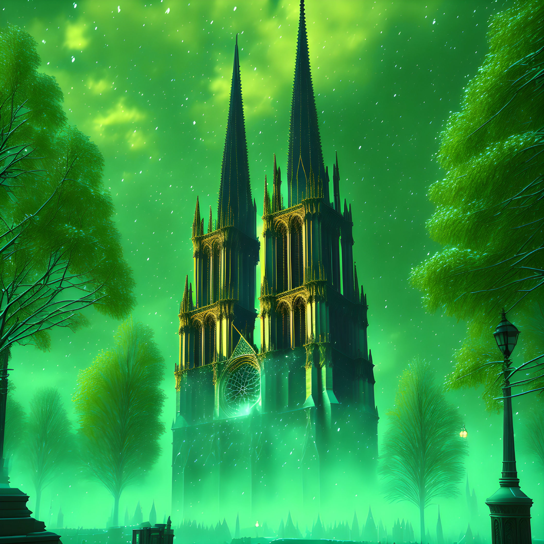 Gothic cathedral under green aurora sky with misty atmosphere