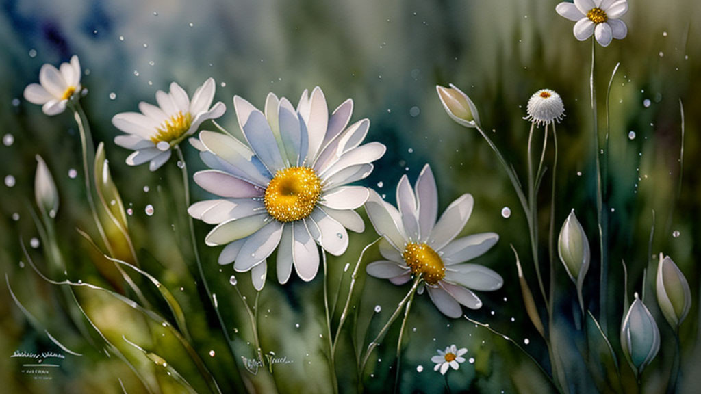 White daisies with yellow centers in serene nature setting