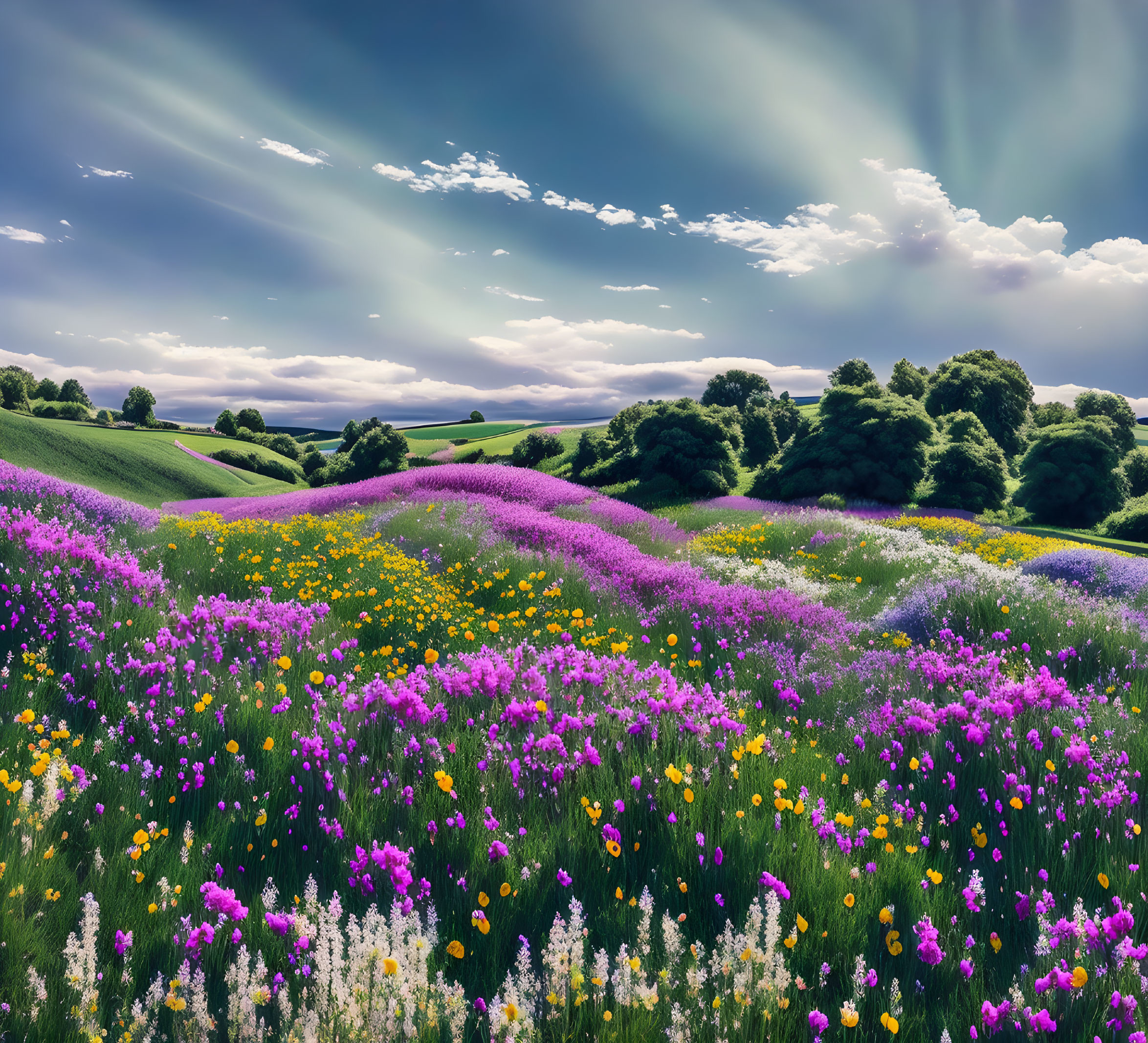 Colorful wildflower meadow among rolling hills under dramatic sky