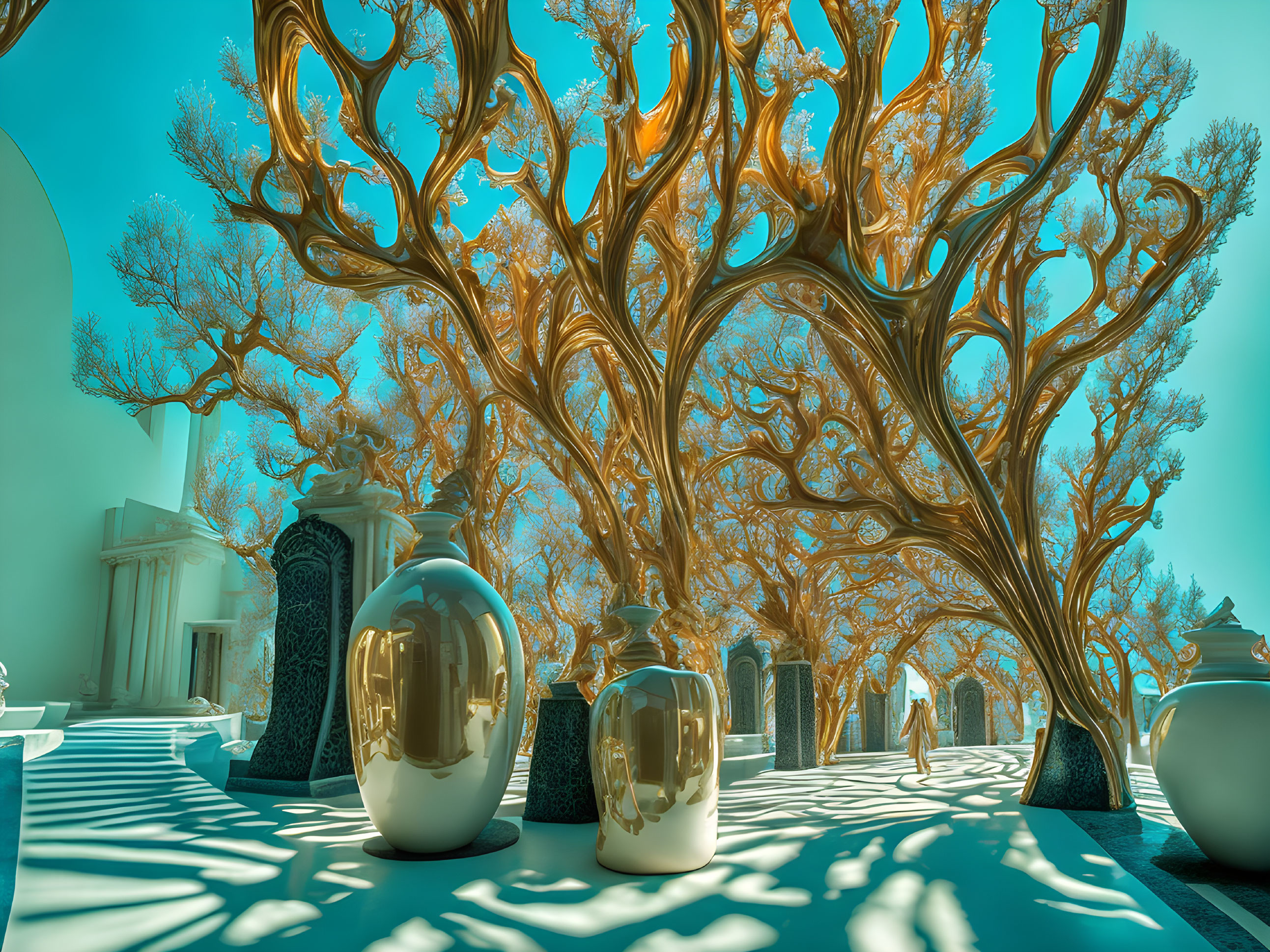 Surreal landscape with golden twisted trees and oversized vases