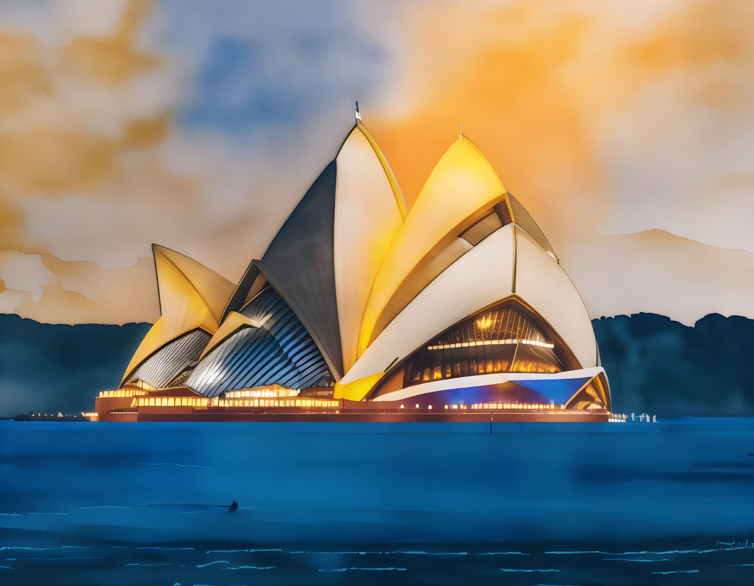 Iconic Sydney Opera House Twilight Scene with Sail-Like Architecture in Orange and Blue Sky