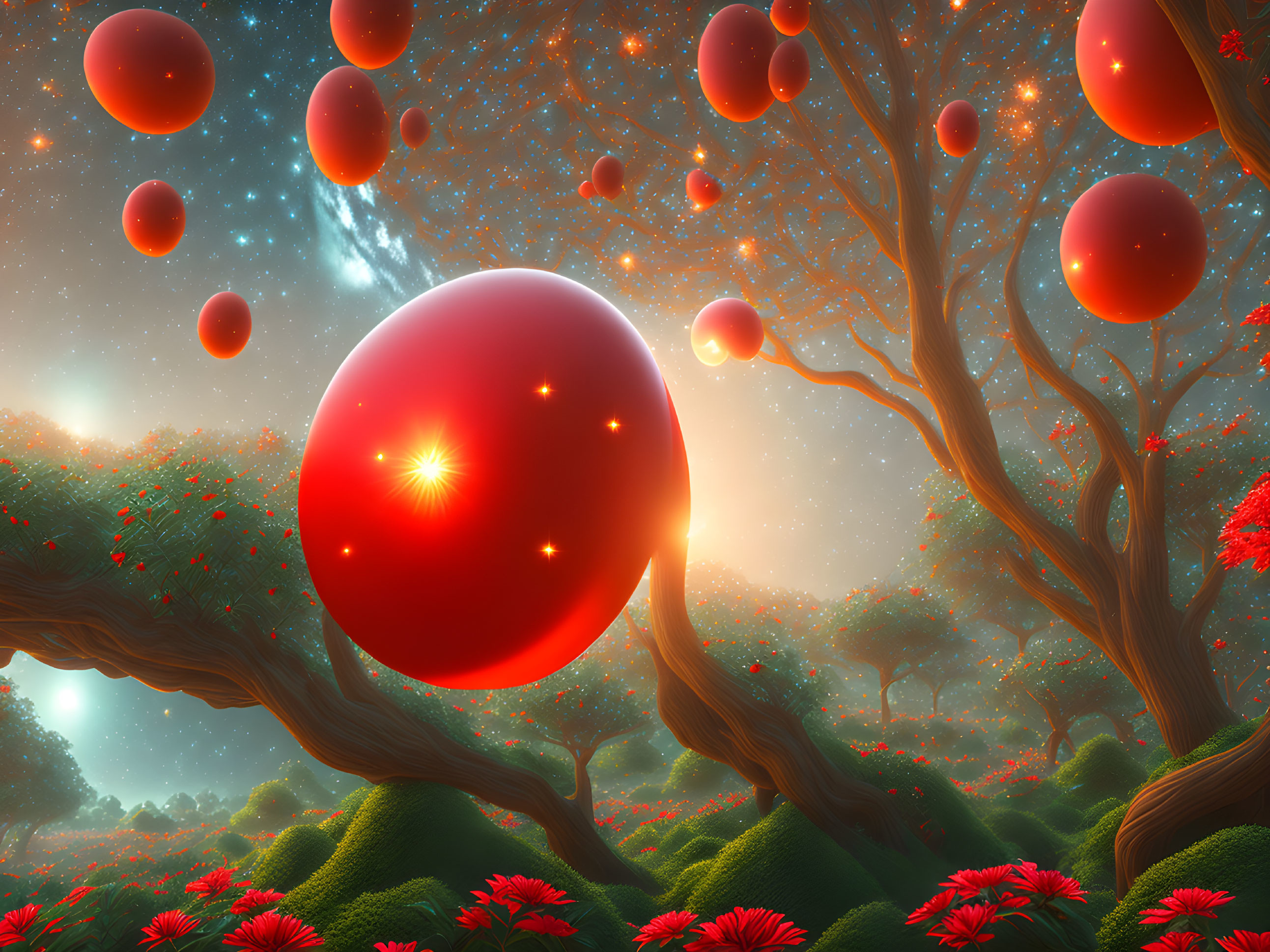 Fantasy landscape with oversized red orbs, flowering trees, and starry sky