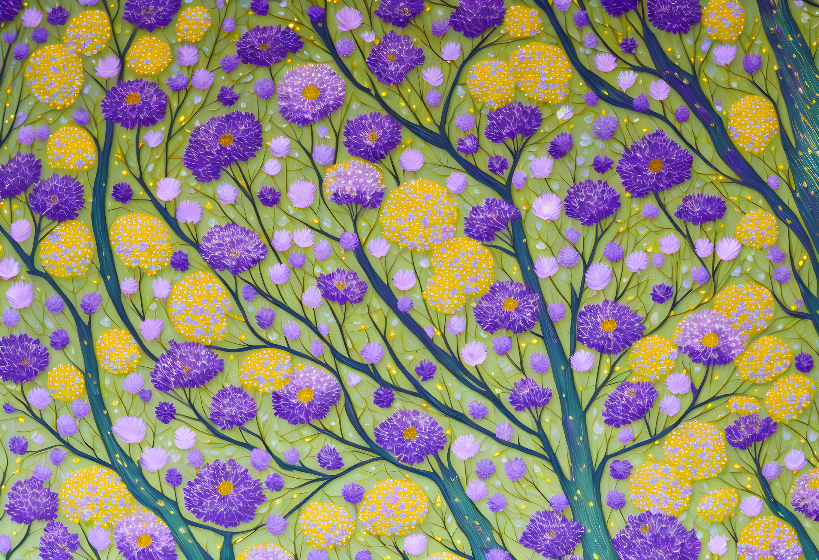 Colorful Floral Pattern with Purple Flowers and Golden Orbs