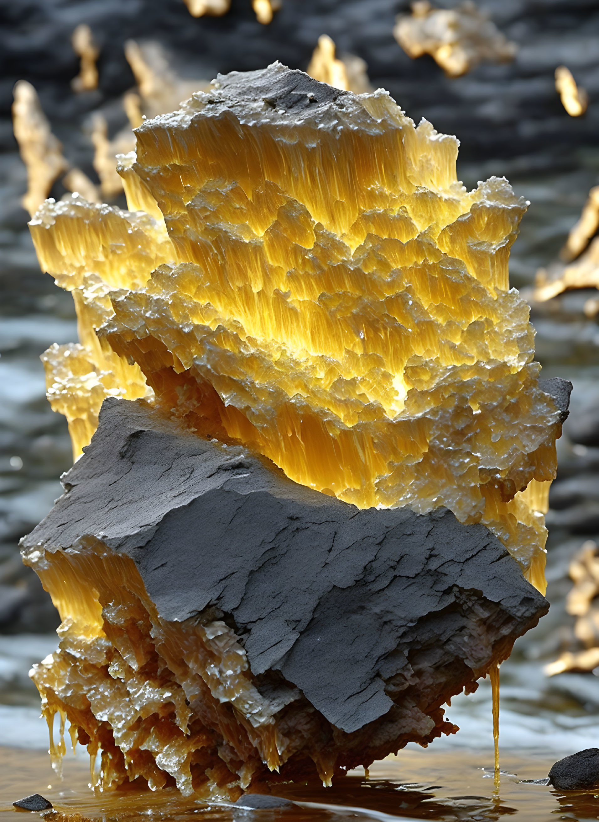 Golden-hued crystalline sculpture on grey rock in blurred background