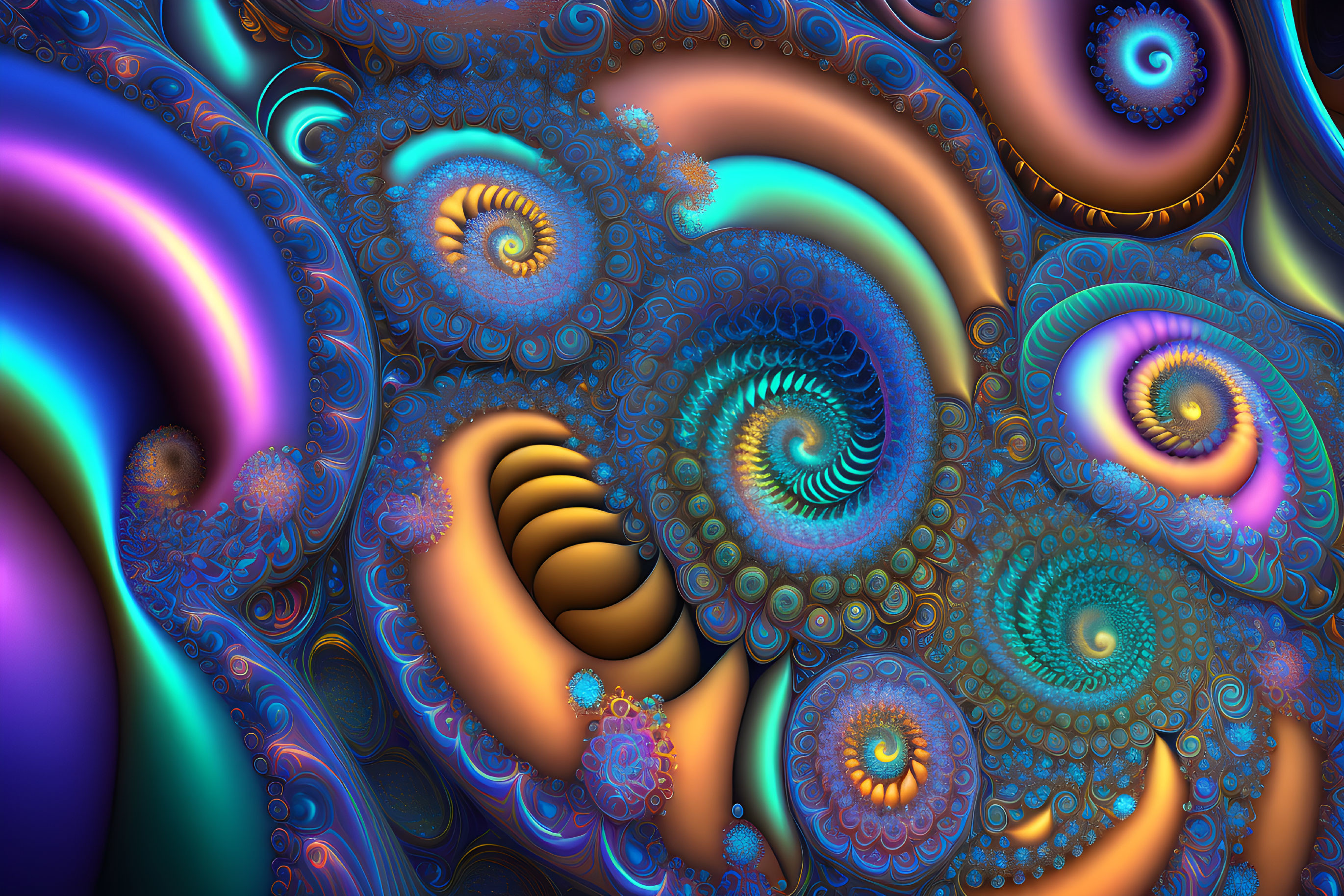 Colorful fractal image with intricate spiral patterns in blue, orange, and purple hues.