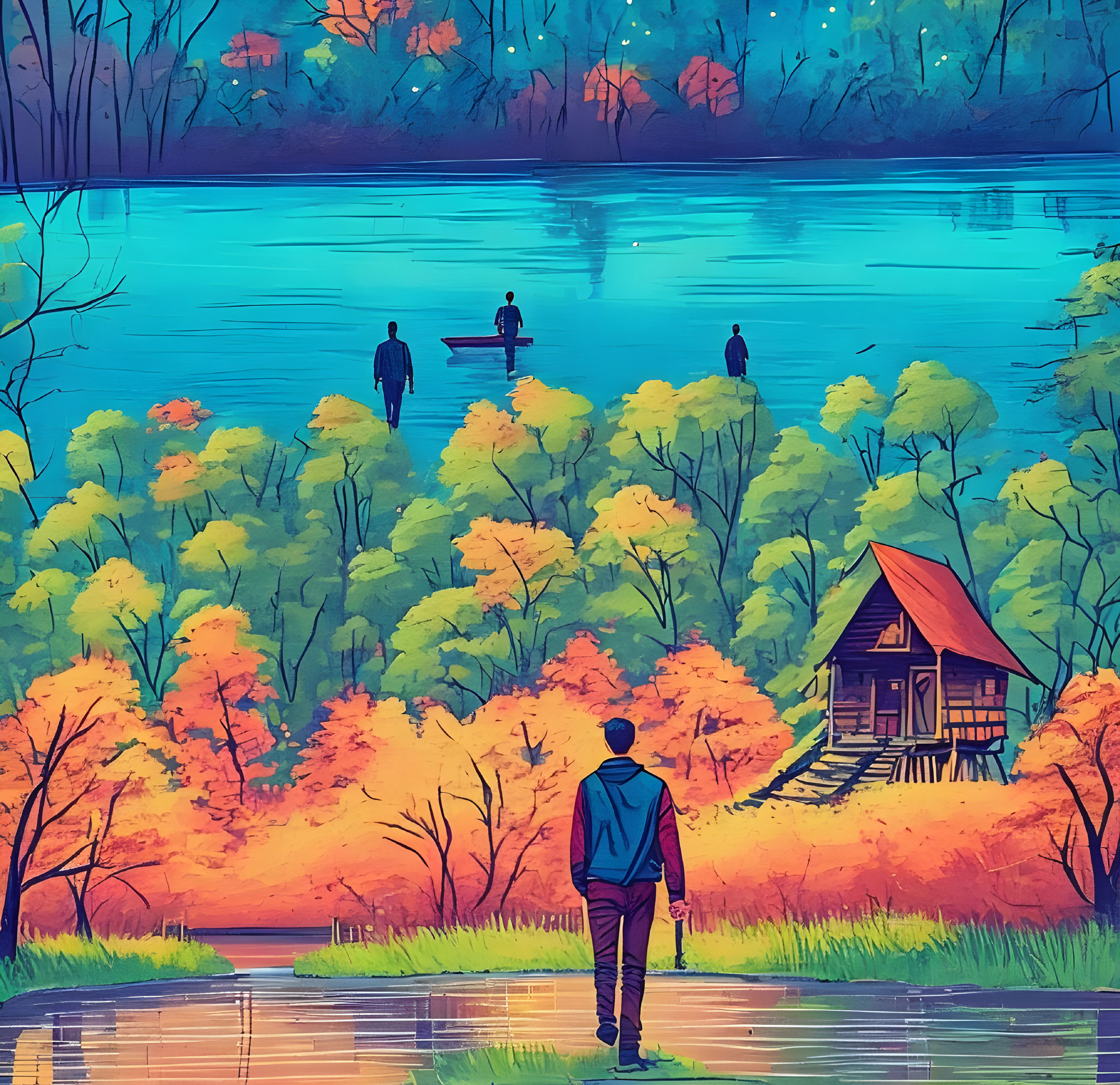 Autumn scene: person on wet path to cabin, vibrant trees, reflections on tranquil lake.