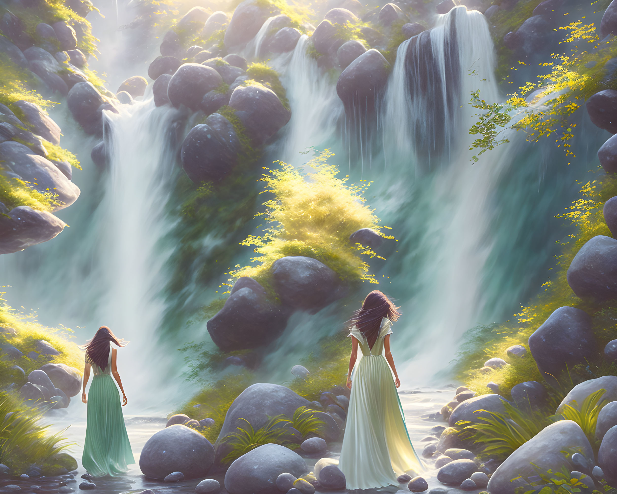 Ethereal figures near cascading waterfall in lush greenery