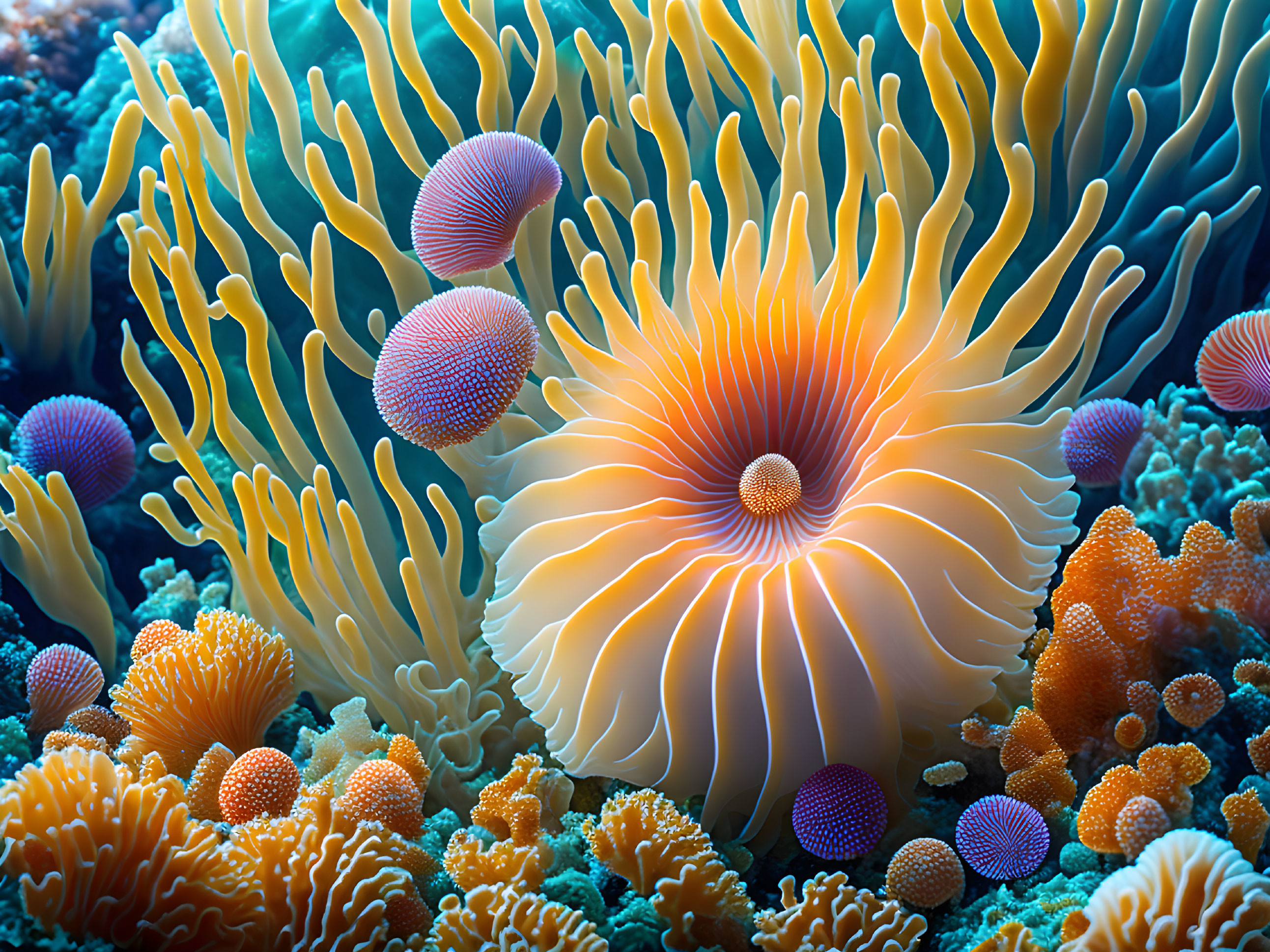 Colorful coral reef with orange sea anemone and spherical corals