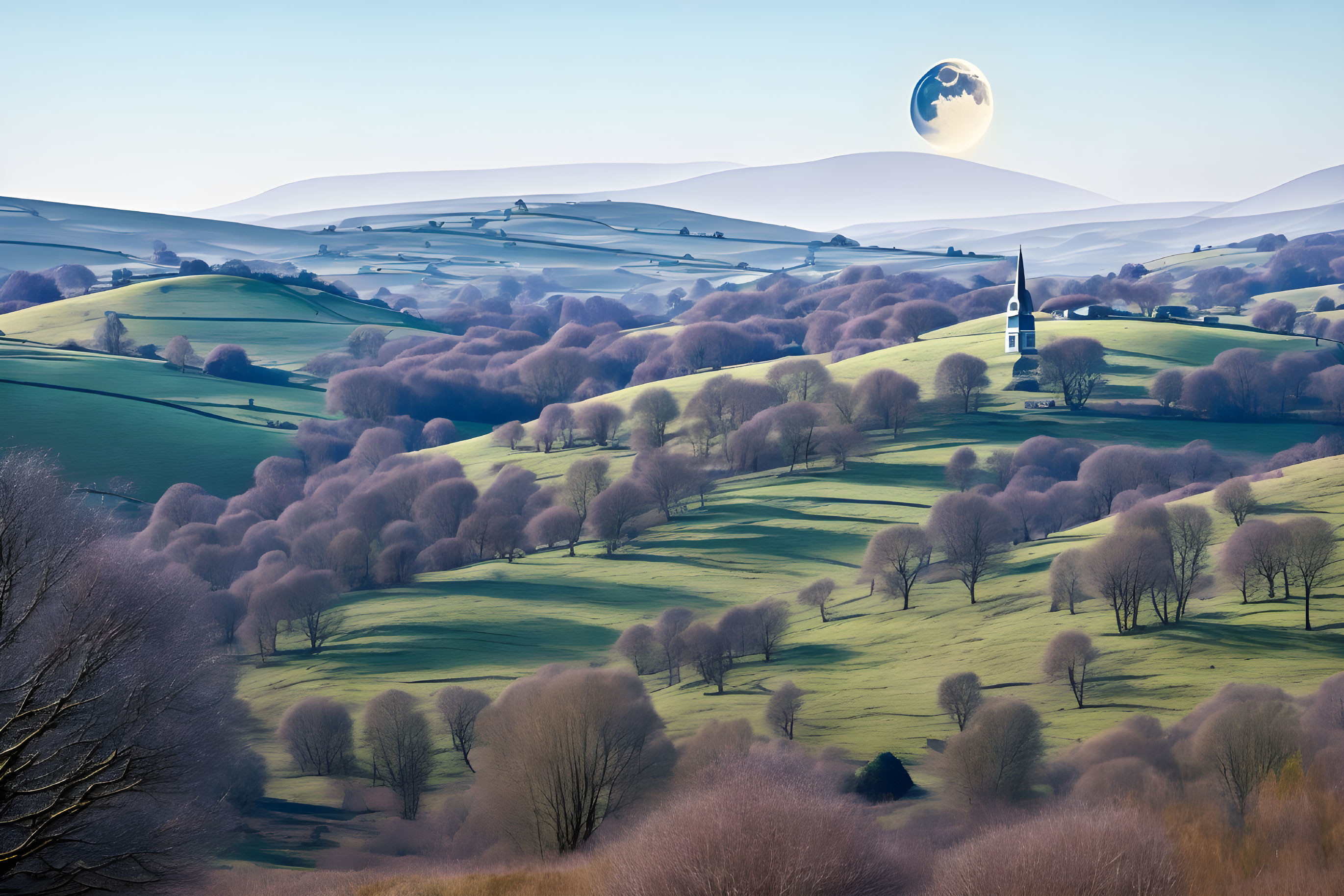 Surreal landscape with moon, rolling hills, trees, church spire, pastel sky