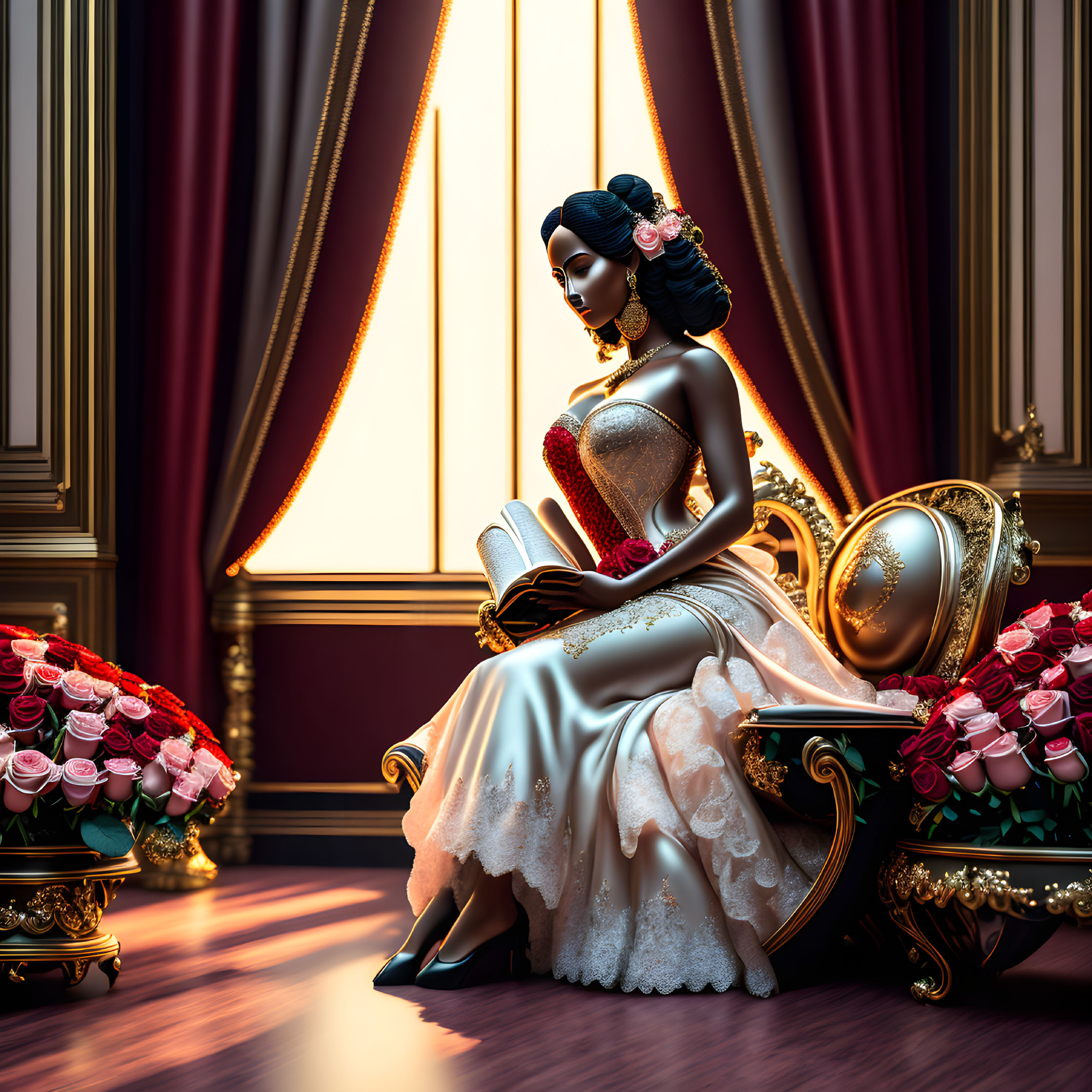 Luxurious gown woman reading book by golden chair with roses bouquets