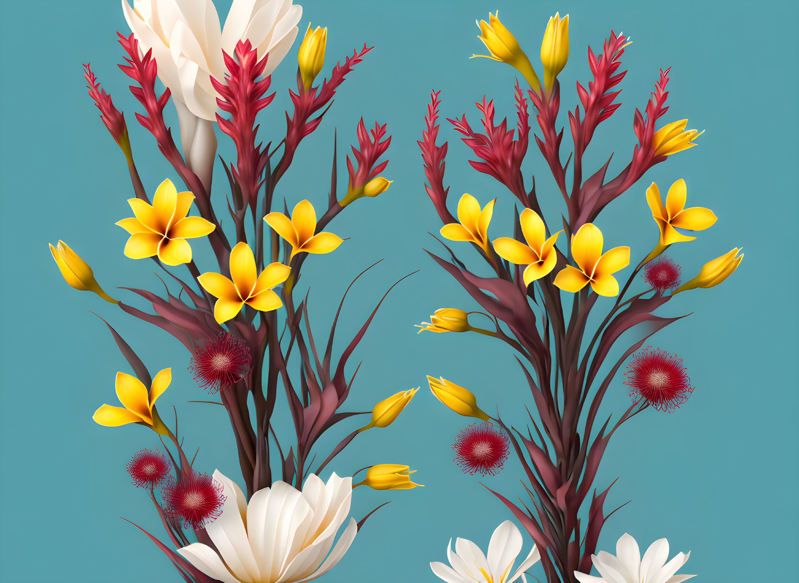 Colorful Exotic Flowers Illustration on Teal Background