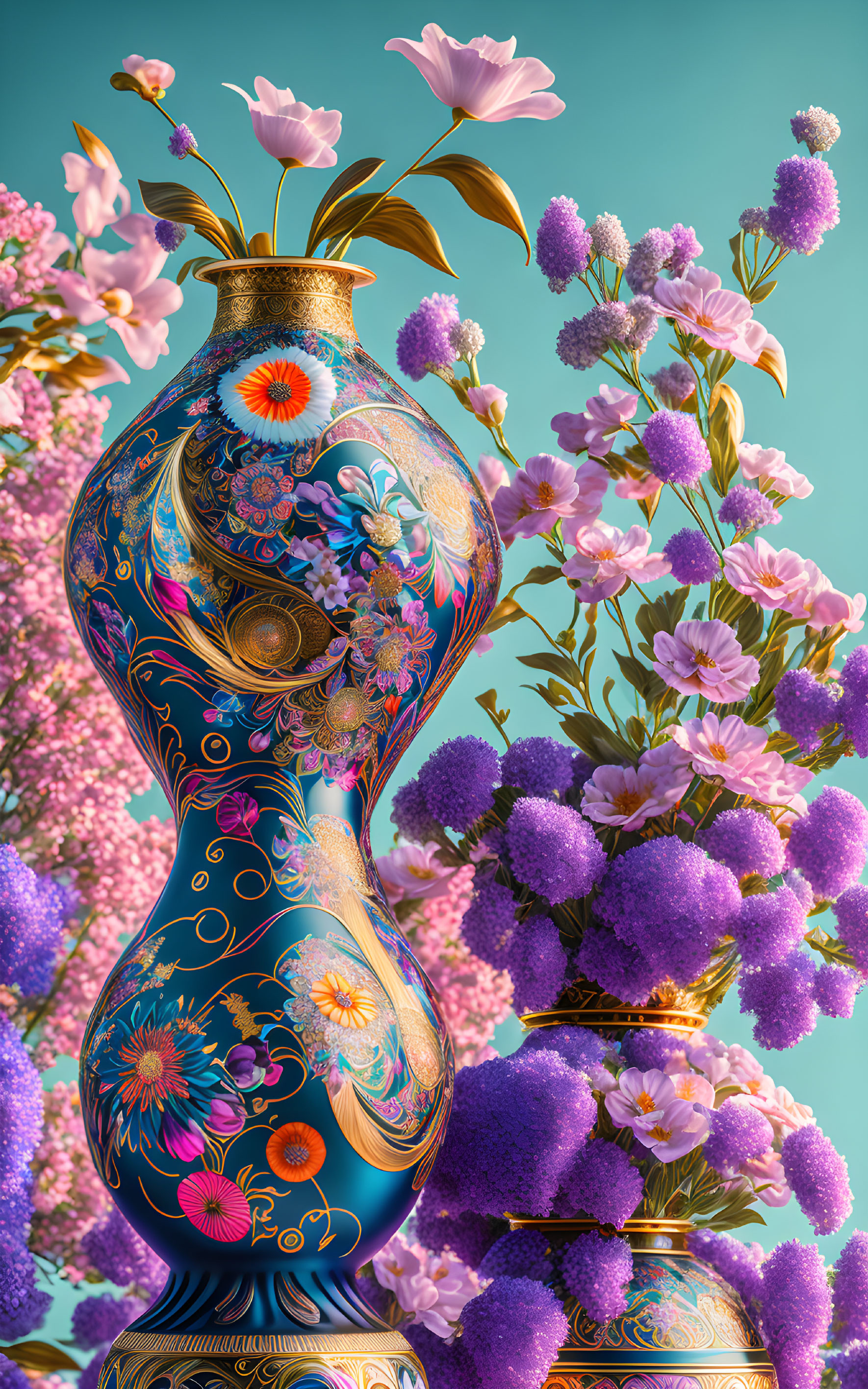 Blue ornate vase with intricate floral patterns and blooming flower on lush purple backdrop.