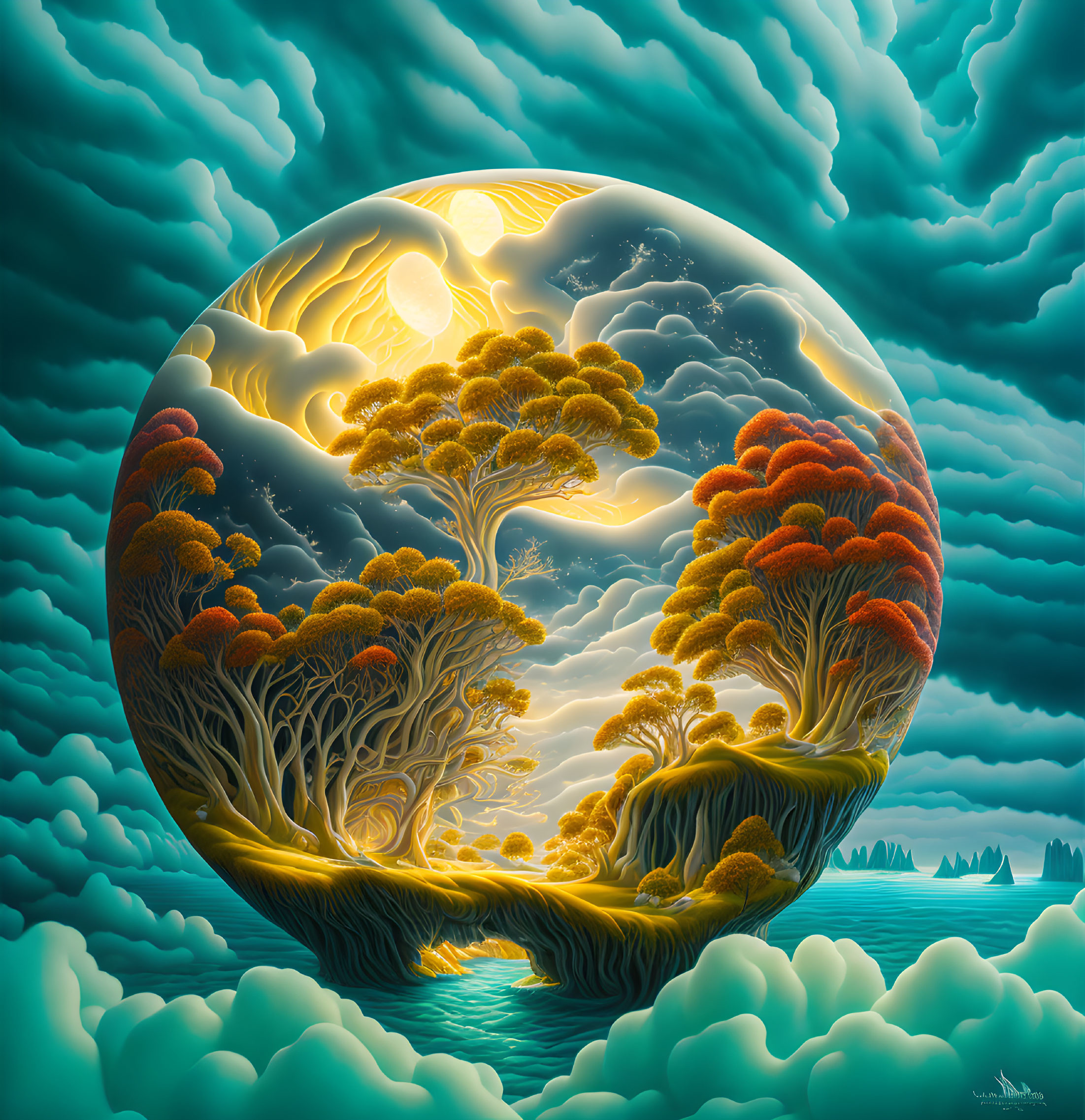 Surreal circular landscape with oversized trees in a bubble