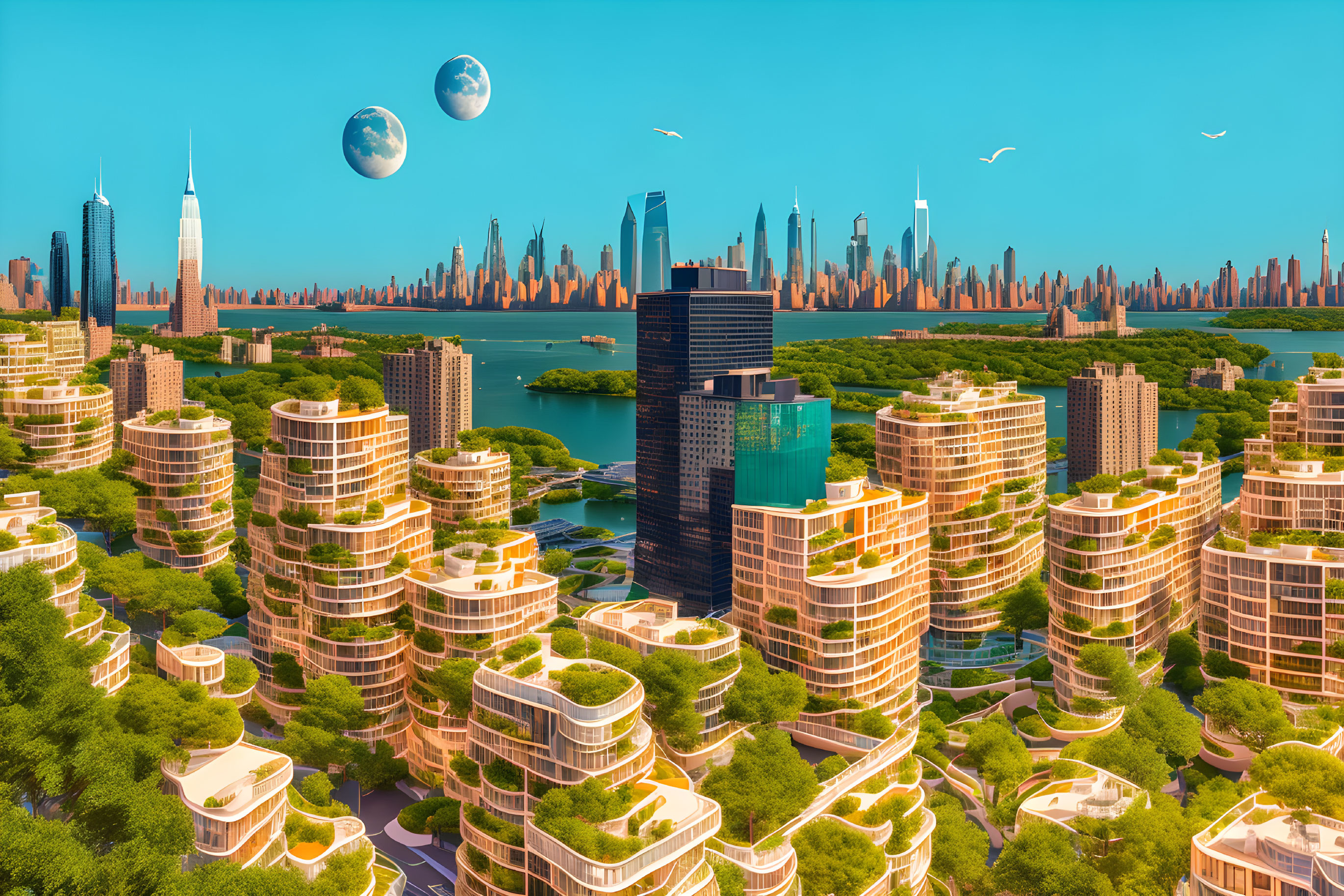 Futuristic cityscape with green skyscrapers, blue sky, and two moons.