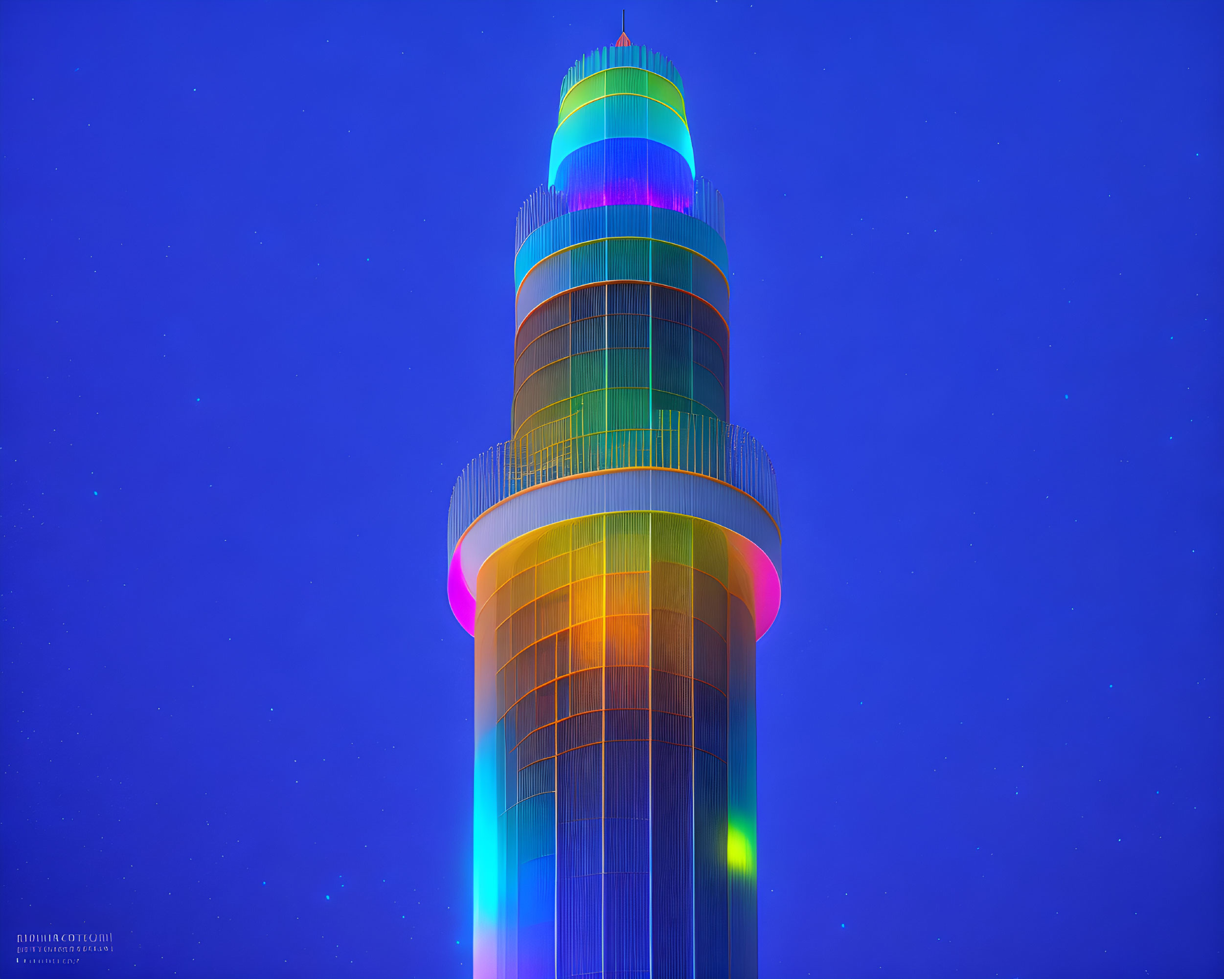 Vibrant modern tower with rainbow lights on deep blue night sky