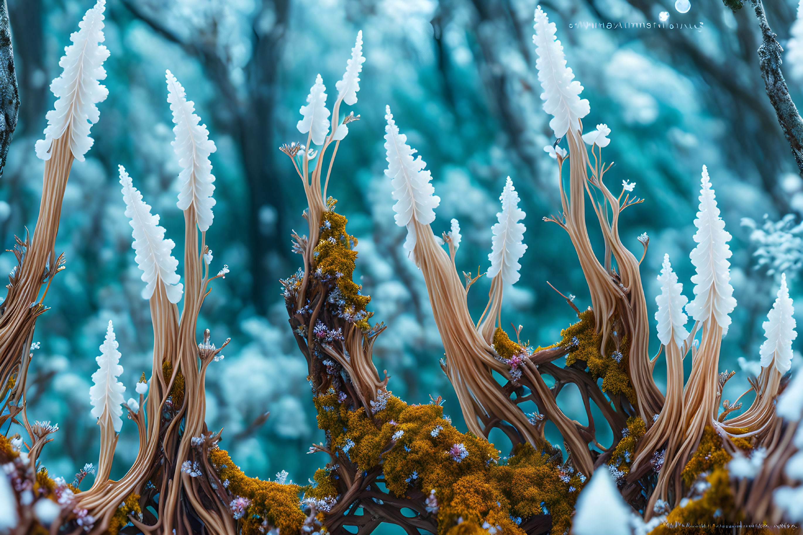 Tubular white flowers with icy blue hue on brown branches in mossy forest